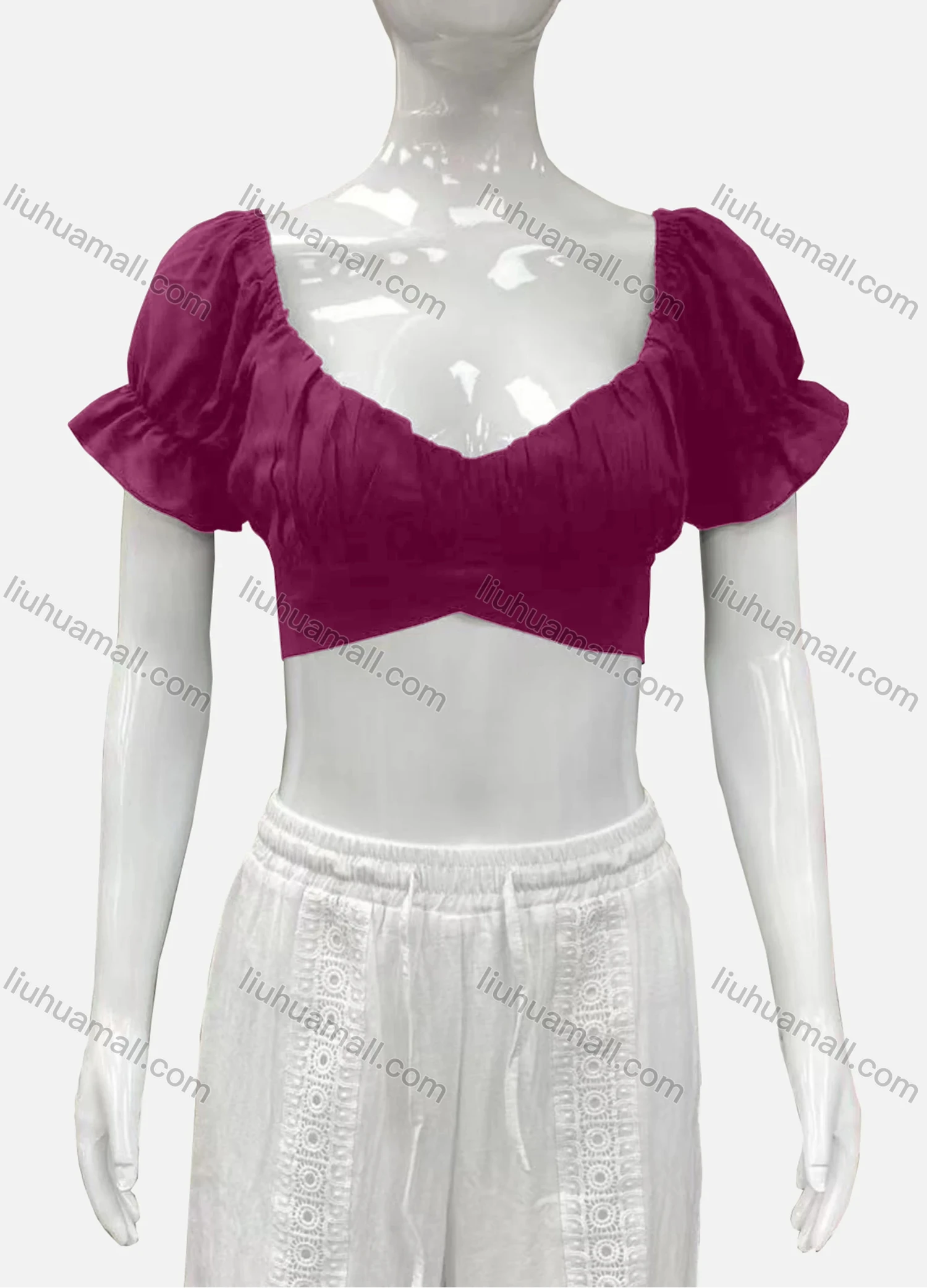 Wholesale Women's Casual Sweetheart Poet Sleeve Wrap Plain Crop Top - Liuhuamall