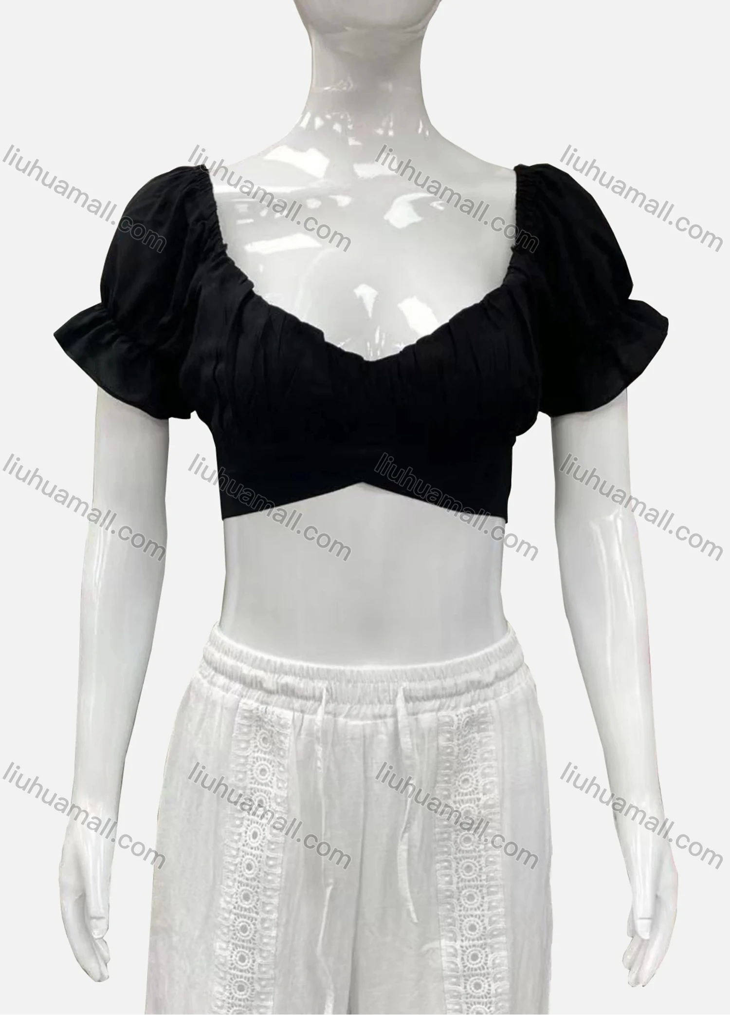 Wholesale Women's Casual Sweetheart Poet Sleeve Wrap Plain Crop Top - Liuhuamall