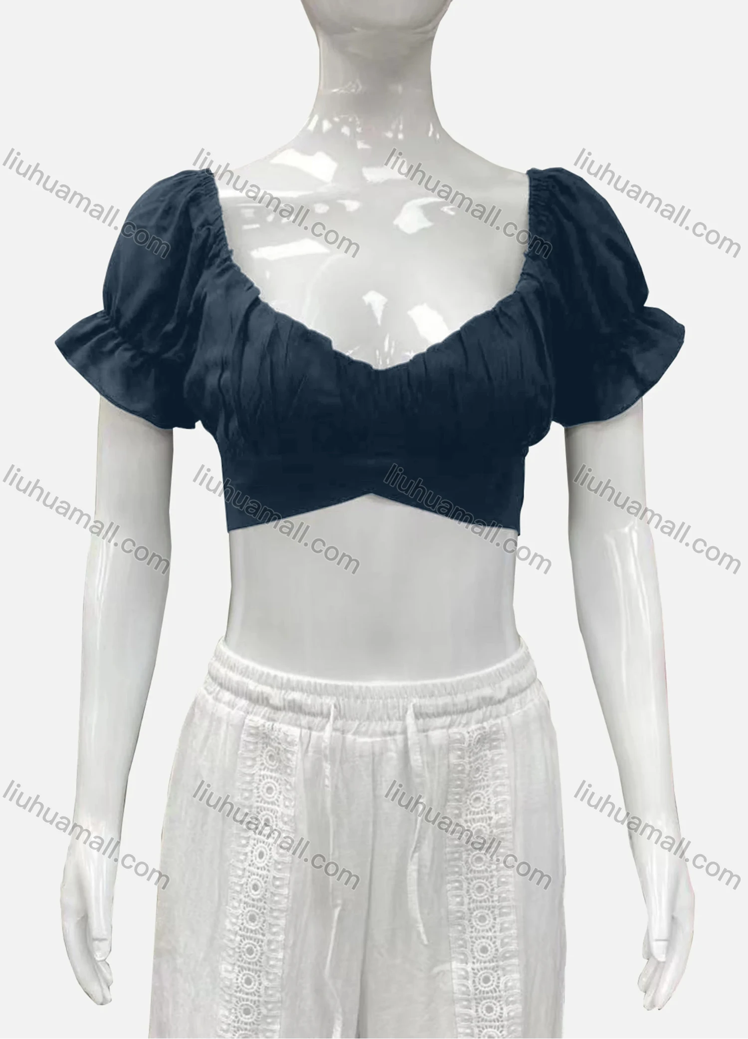 Wholesale Women's Casual Sweetheart Poet Sleeve Wrap Plain Crop Top - Liuhuamall