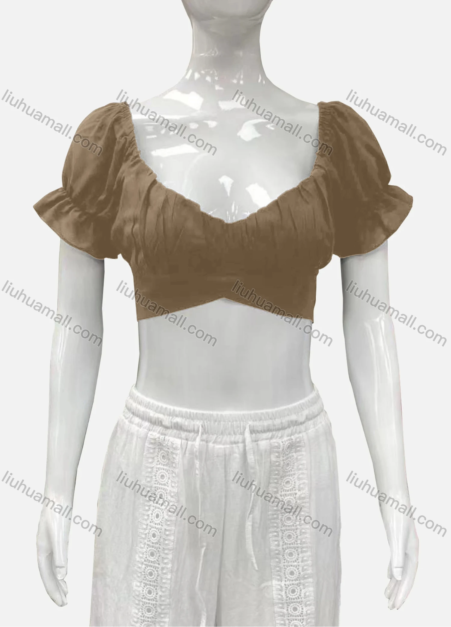 Wholesale Women's Casual Sweetheart Poet Sleeve Wrap Plain Crop Top - Liuhuamall