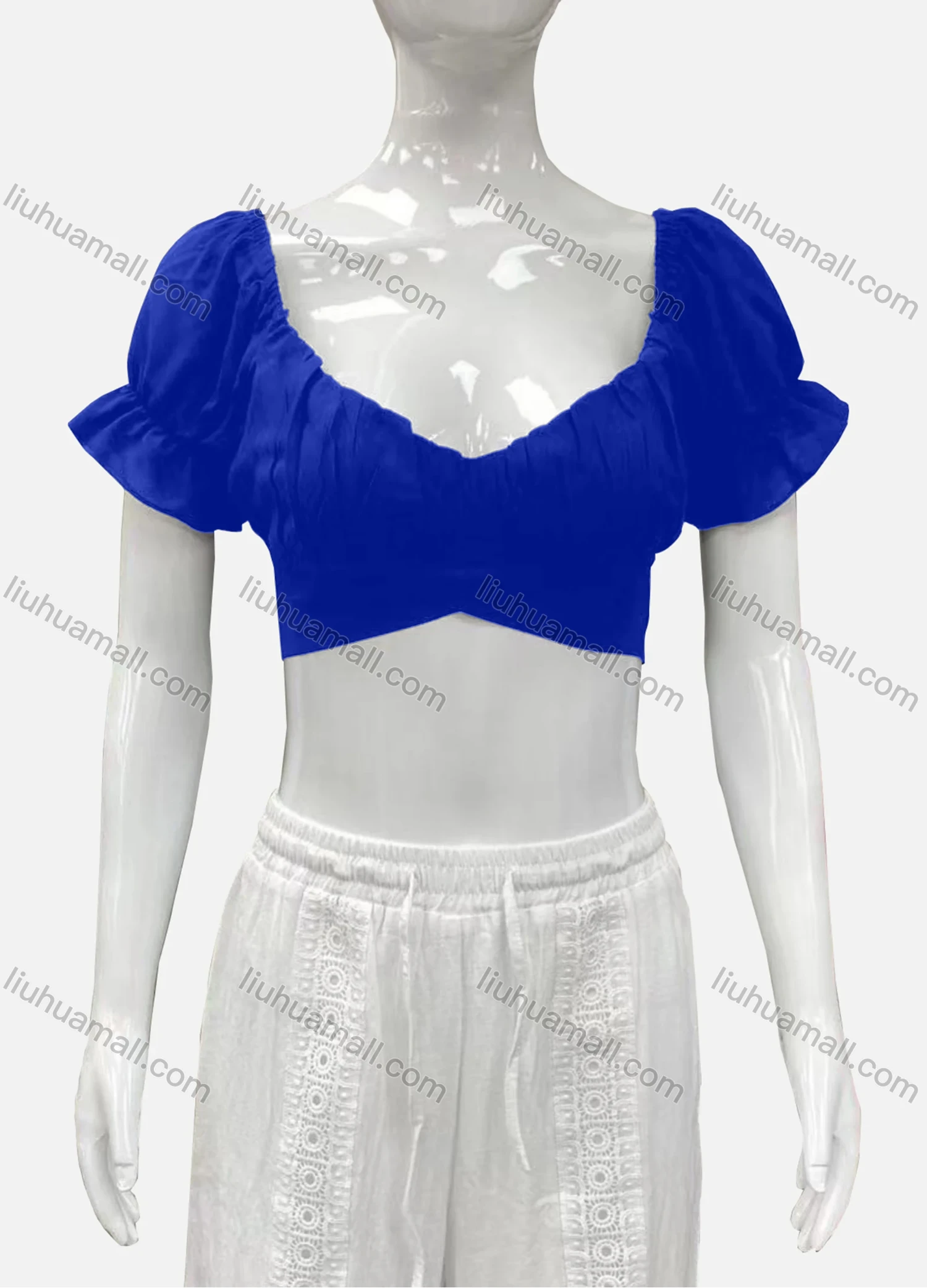 Wholesale Women's Casual Sweetheart Poet Sleeve Wrap Plain Crop Top - Liuhuamall