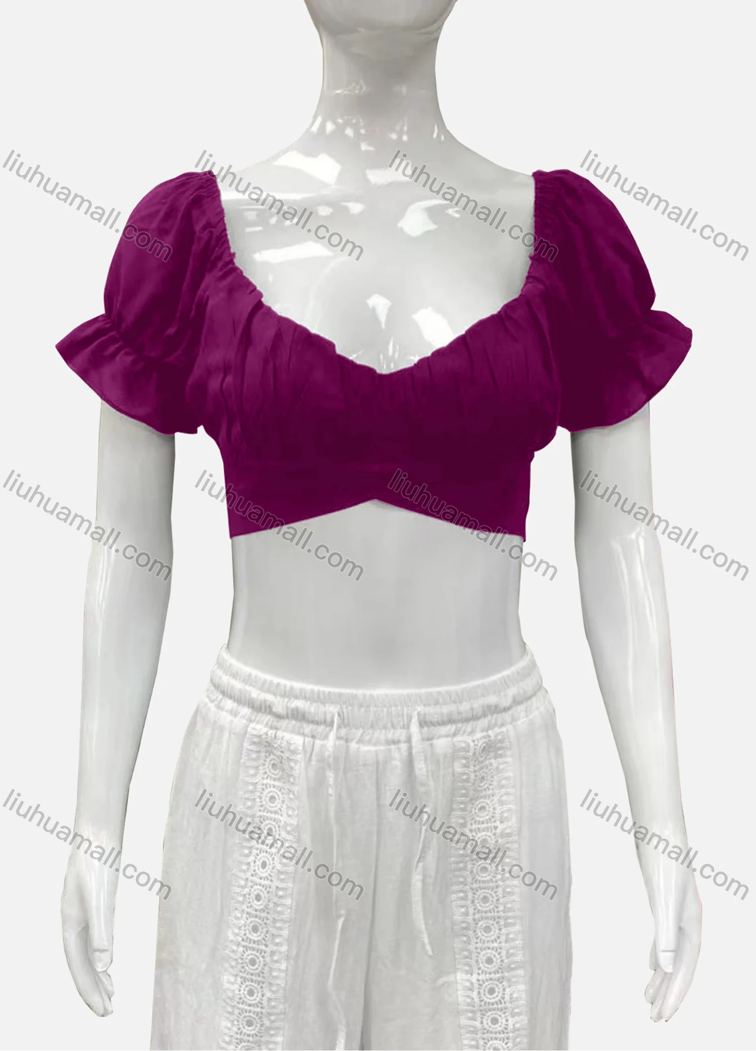 Wholesale Women's Casual Sweetheart Poet Sleeve Wrap Plain Crop Top - Liuhuamall