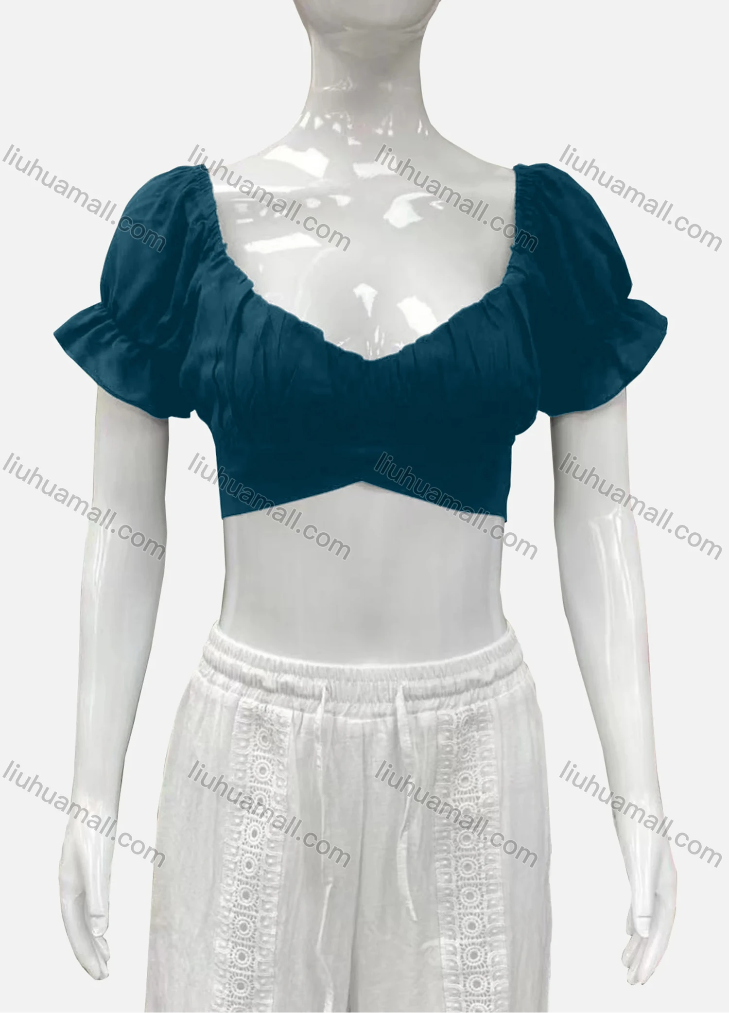 Wholesale Women's Casual Sweetheart Poet Sleeve Wrap Plain Crop Top - Liuhuamall