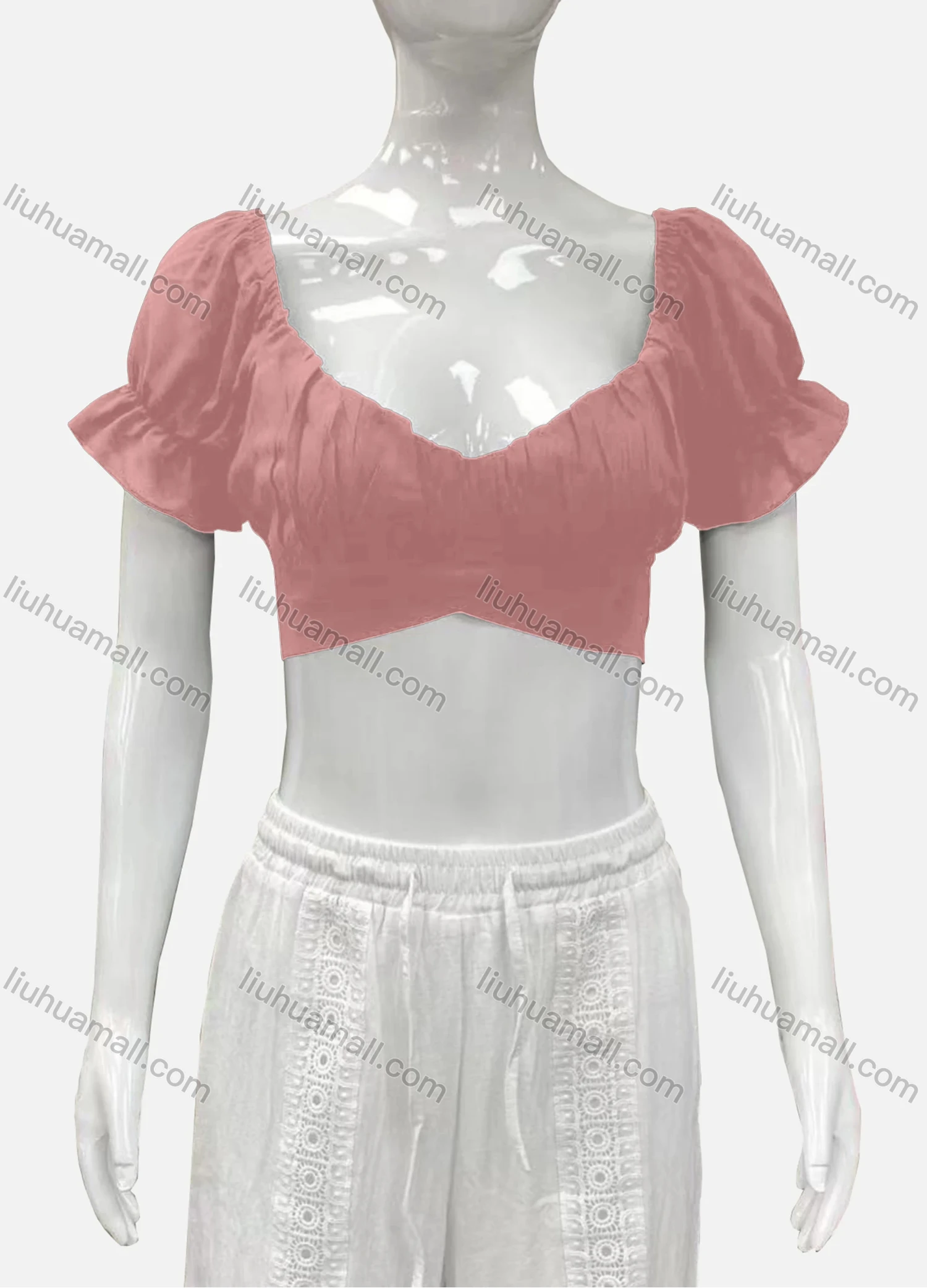 Wholesale Women's Casual Sweetheart Poet Sleeve Wrap Plain Crop Top - Liuhuamall