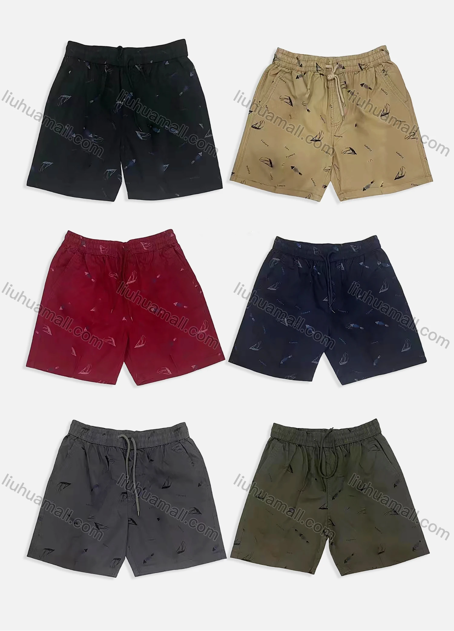 Wholesale Men's Casual Washed Allover Print Drawstring Side Pockets Shorts 17613# - Liuhuamall