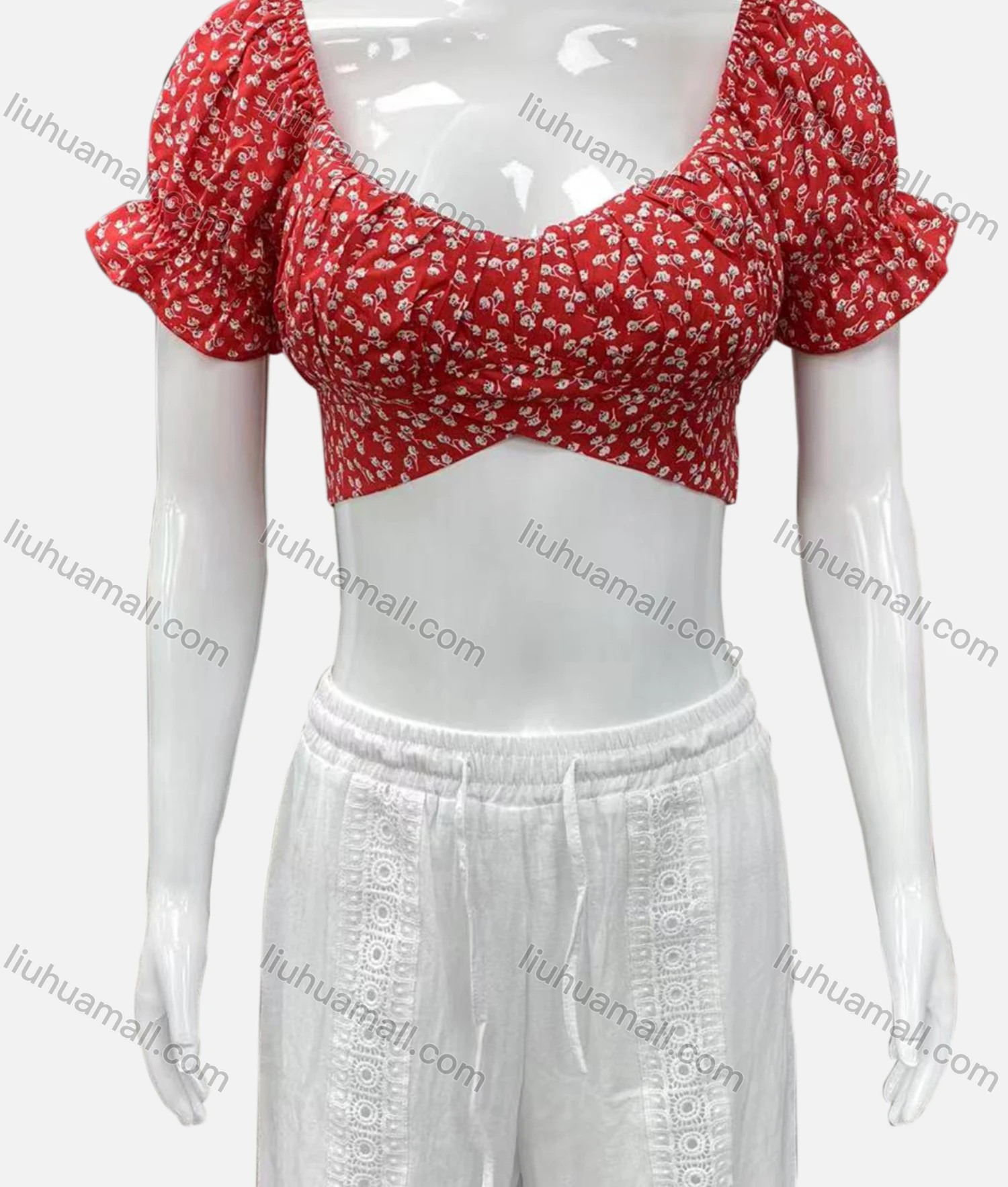 Wholesale Women's Casual Sweetheart Poet Sleeve Wrap Floral Crop Top - Liuhuamall