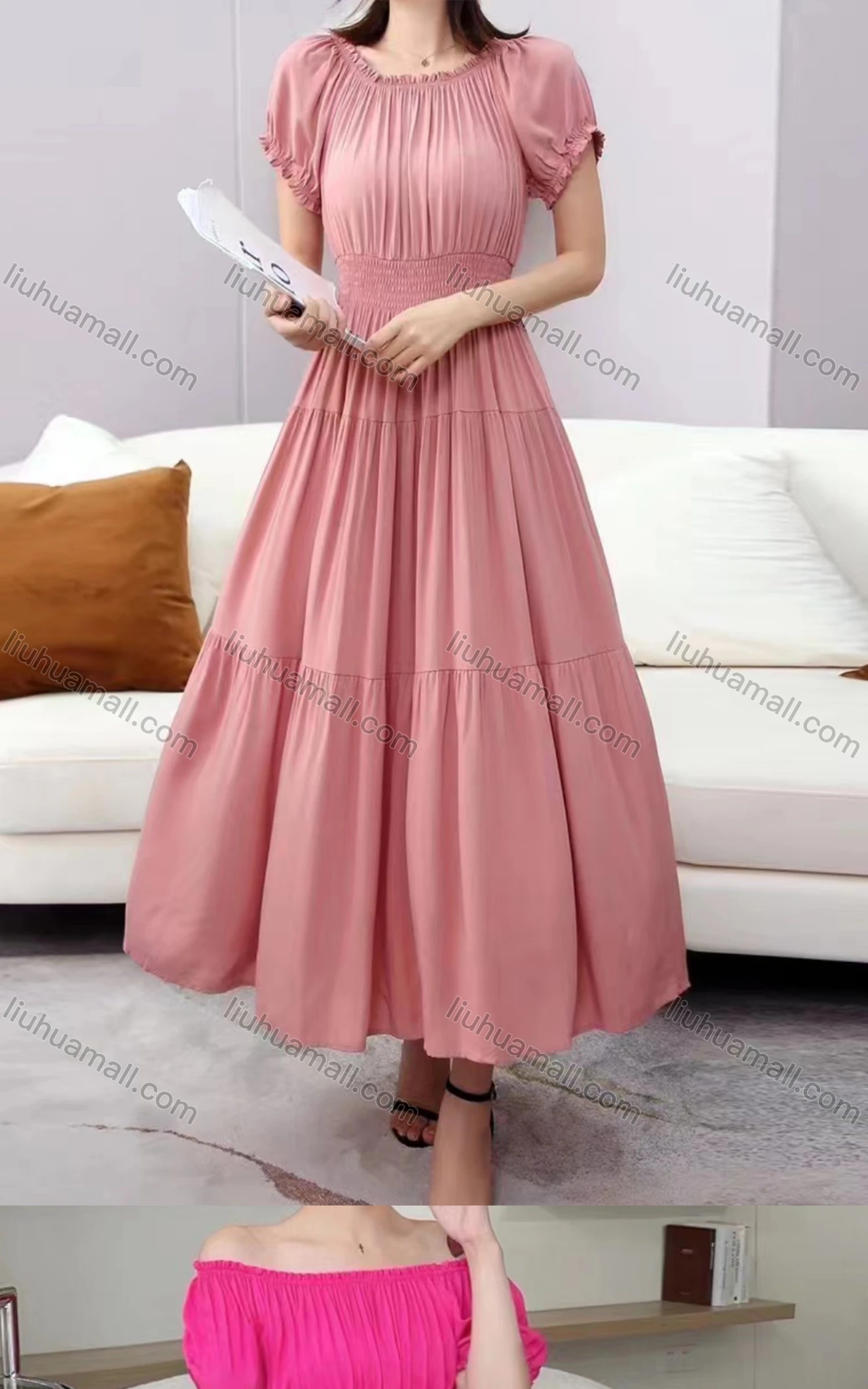 Wholesale Women's Casual Off Shoulder Puff Sleeve Shirred Peplum Maxi Dress - Liuhuamall