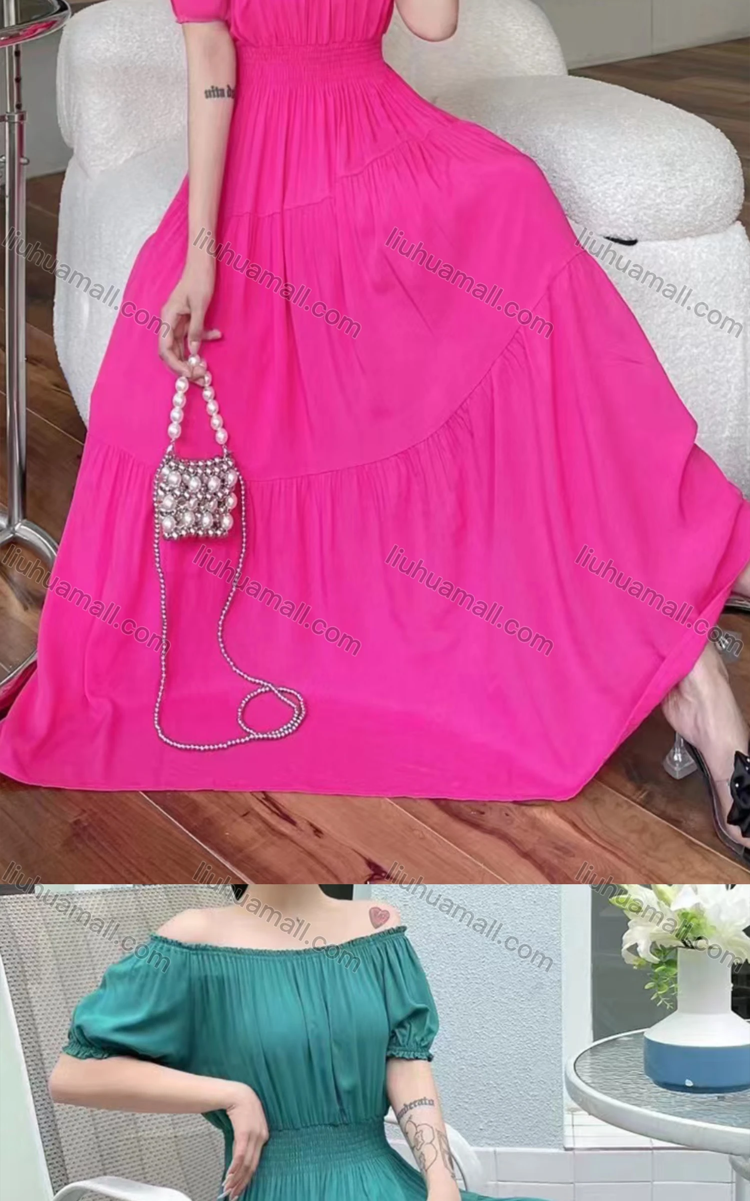 Wholesale Women's Casual Off Shoulder Puff Sleeve Shirred Peplum Maxi Dress - Liuhuamall