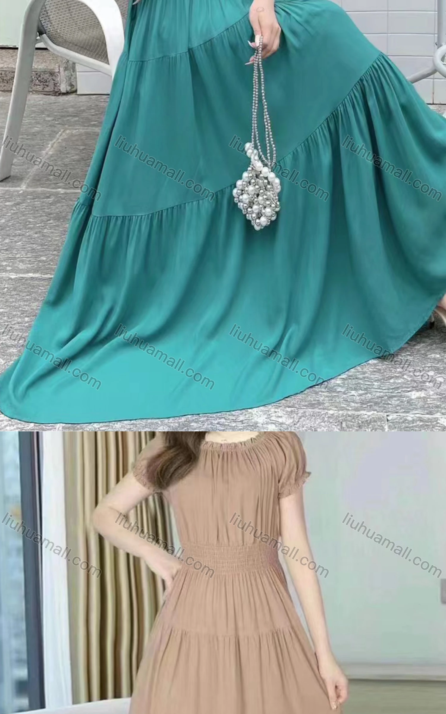 Wholesale Women's Casual Off Shoulder Puff Sleeve Shirred Peplum Maxi Dress - Liuhuamall
