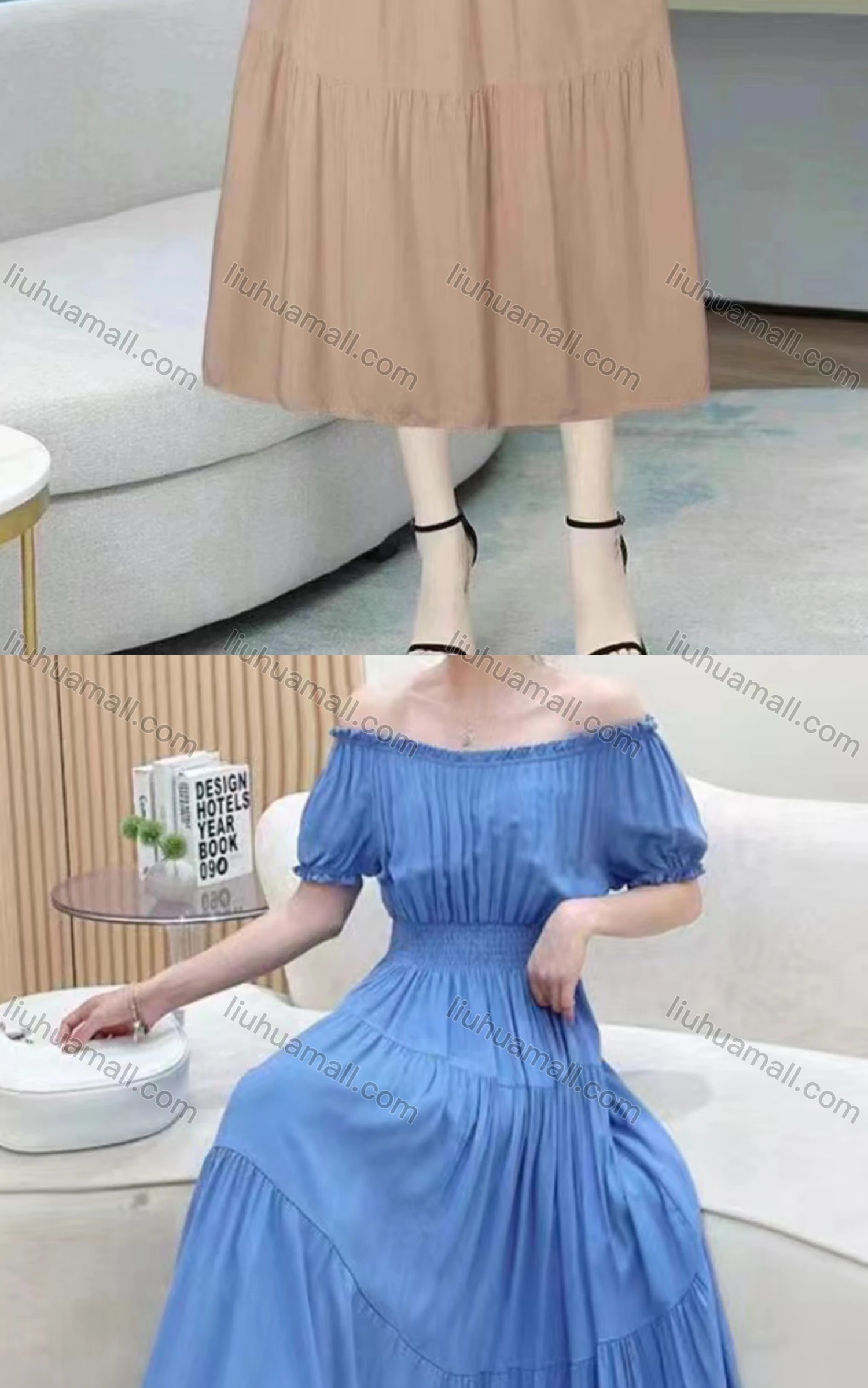 Wholesale Women's Casual Off Shoulder Puff Sleeve Shirred Peplum Maxi Dress - Liuhuamall