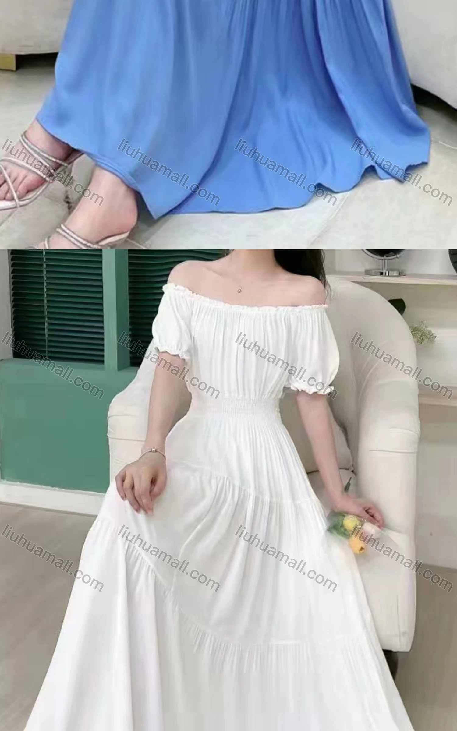 Wholesale Women's Casual Off Shoulder Puff Sleeve Shirred Peplum Maxi Dress - Liuhuamall
