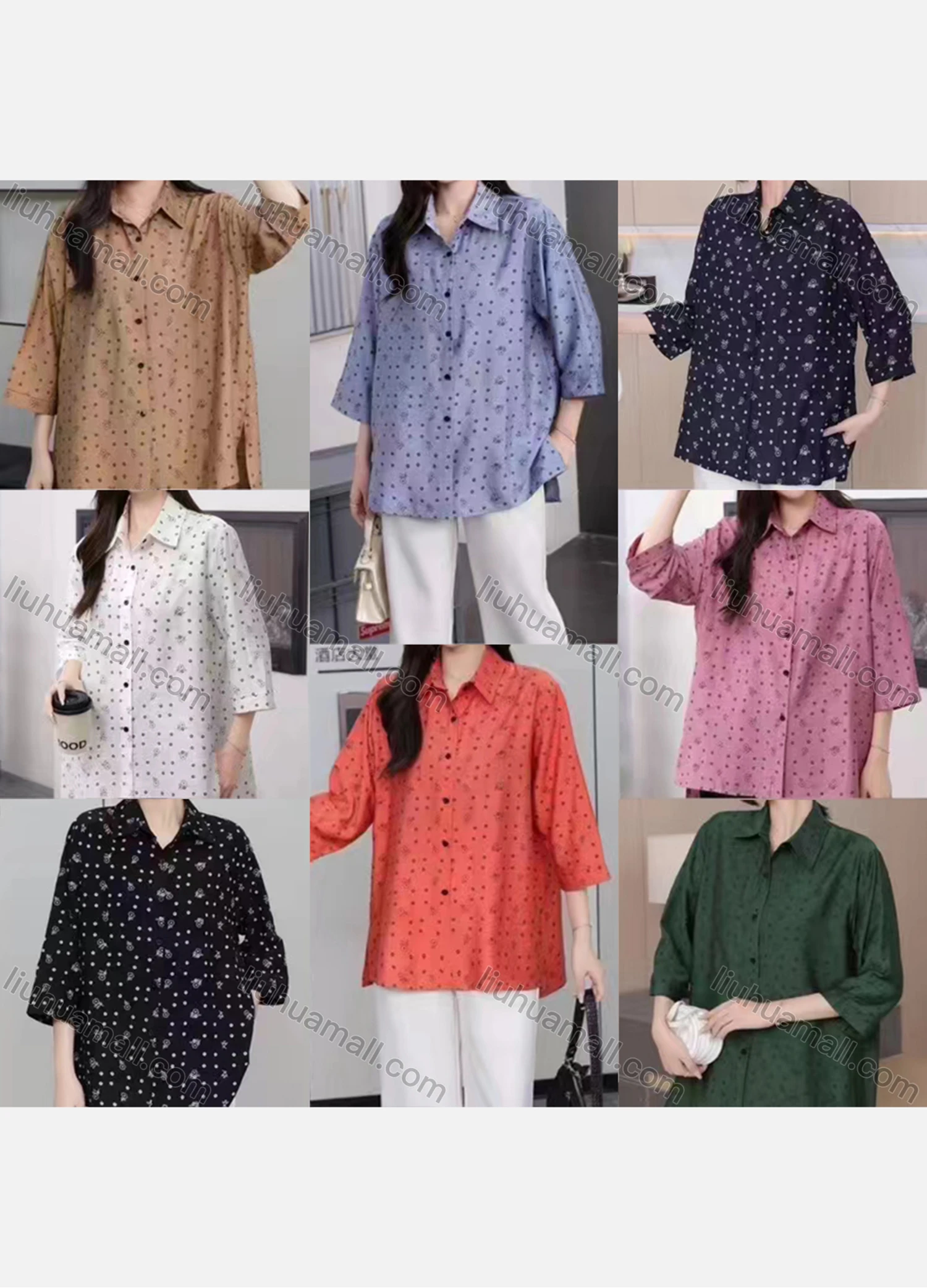 Wholesale Women's Casual Collared 3/4 Sleeve Polka Dot Allover Print Shirt 2316#-1 - Liuhuamall