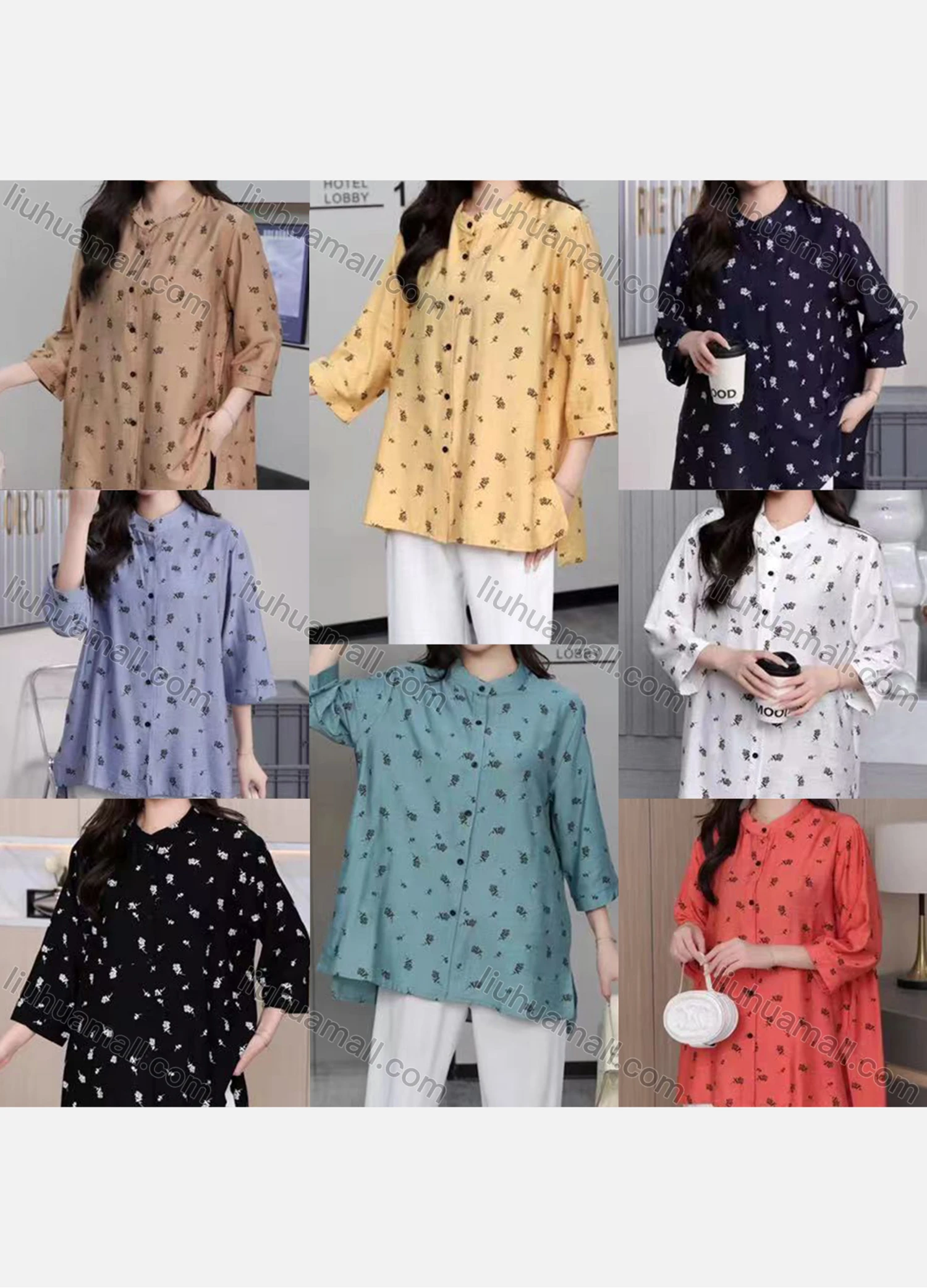 Wholesale Women's Casual Collared 3/4 Sleeve Allover Print Shirt 2313# - Liuhuamall