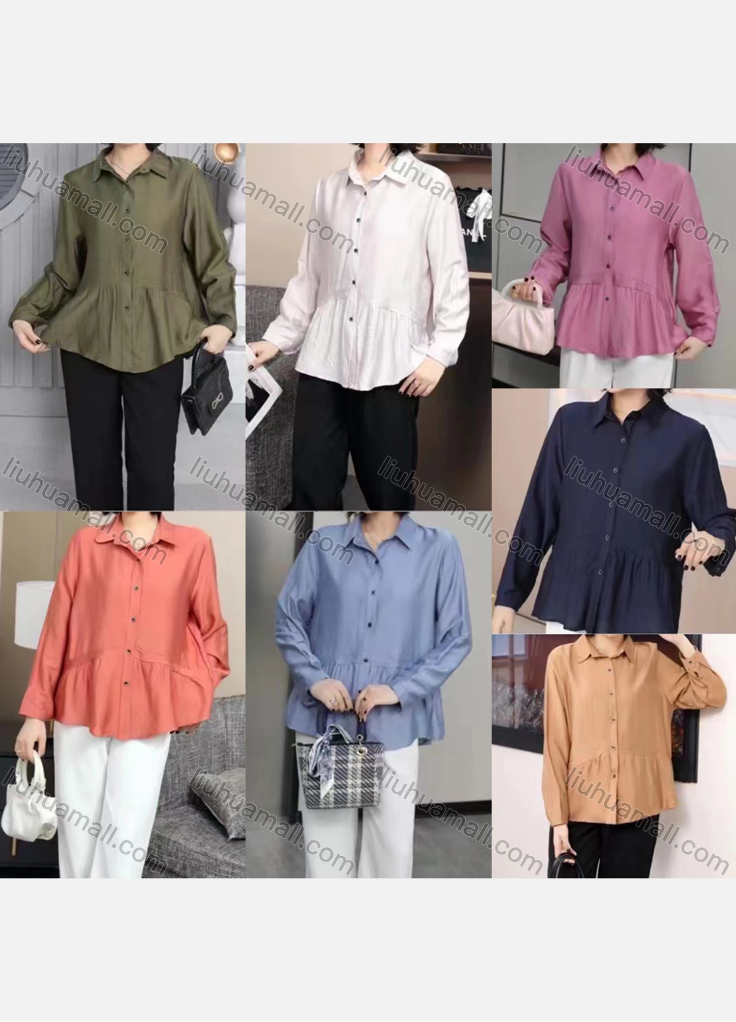 Wholesale Women's Casual Collared Long Sleeve Ruffle Hem Plain Shirt 2351# - Liuhuamall
