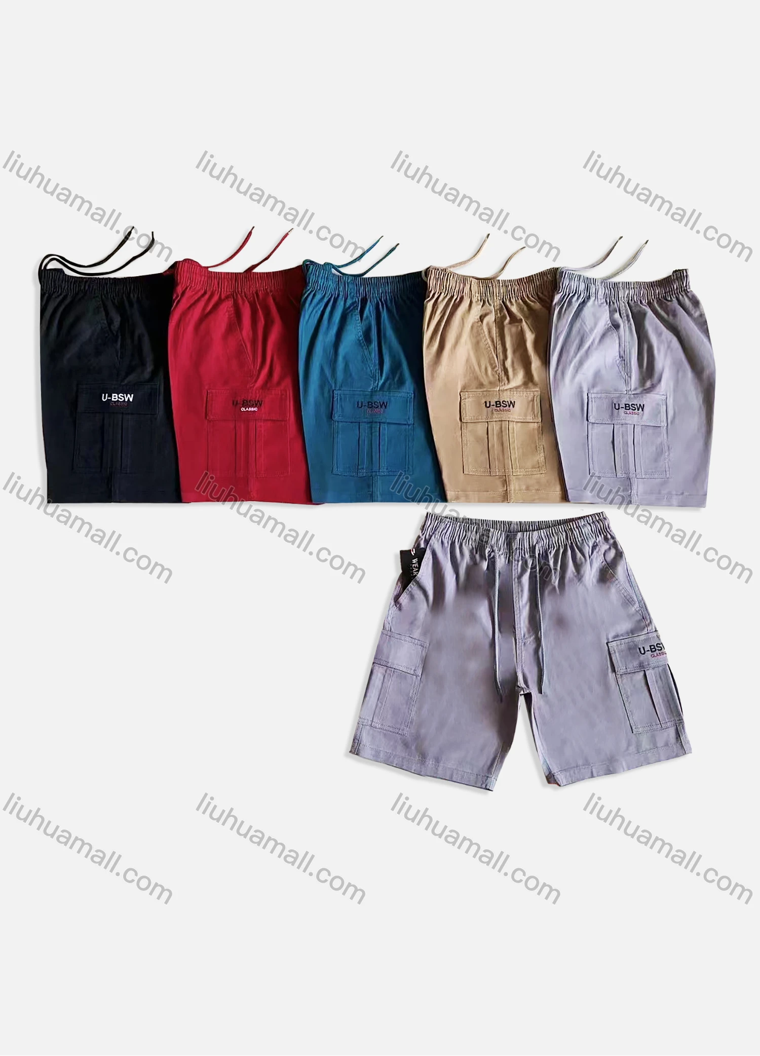 Wholesale Men's Casual Plain Drawstring Elastic Waist Multiple Pockets Shorts 9982# - Liuhuamall
