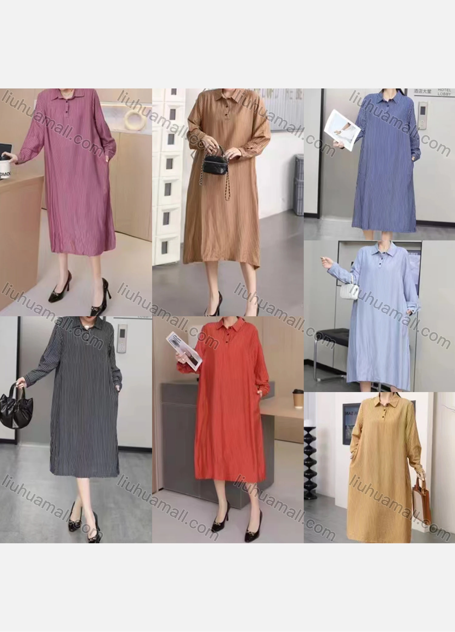 Wholesale Women's Casual Collared Long Sleeve Striped Shirt Dress 2337# - Liuhuamall