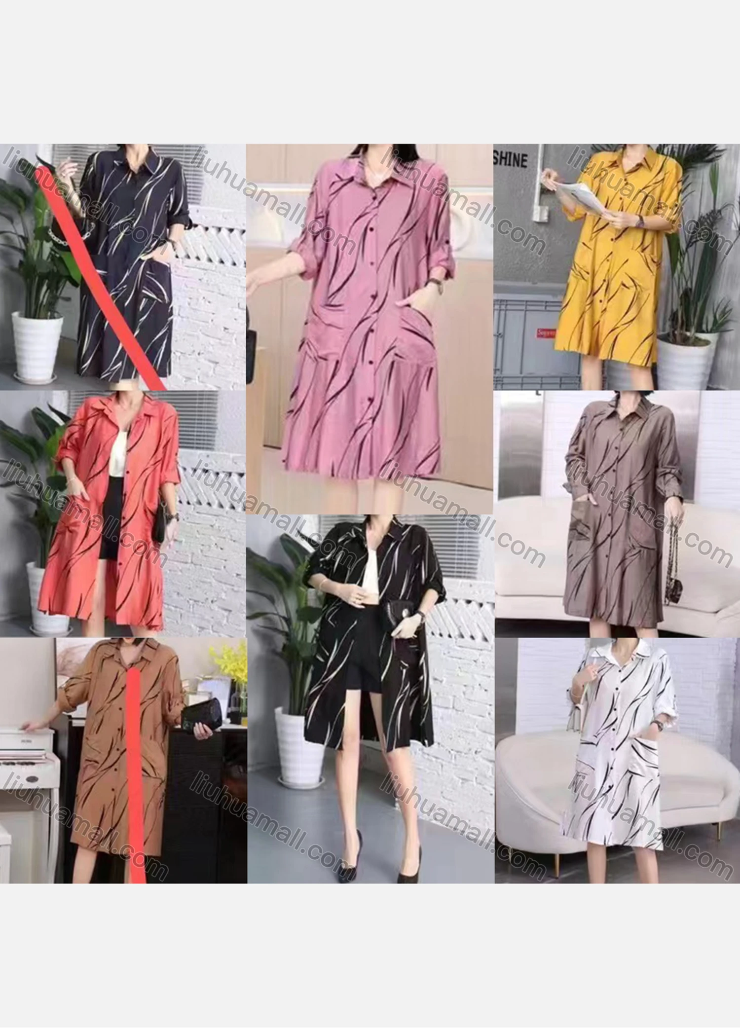 Wholesale Women's Casual Collared Pocket Long Sleeve Allover Print Shirt Dress 8819# - Liuhuamall