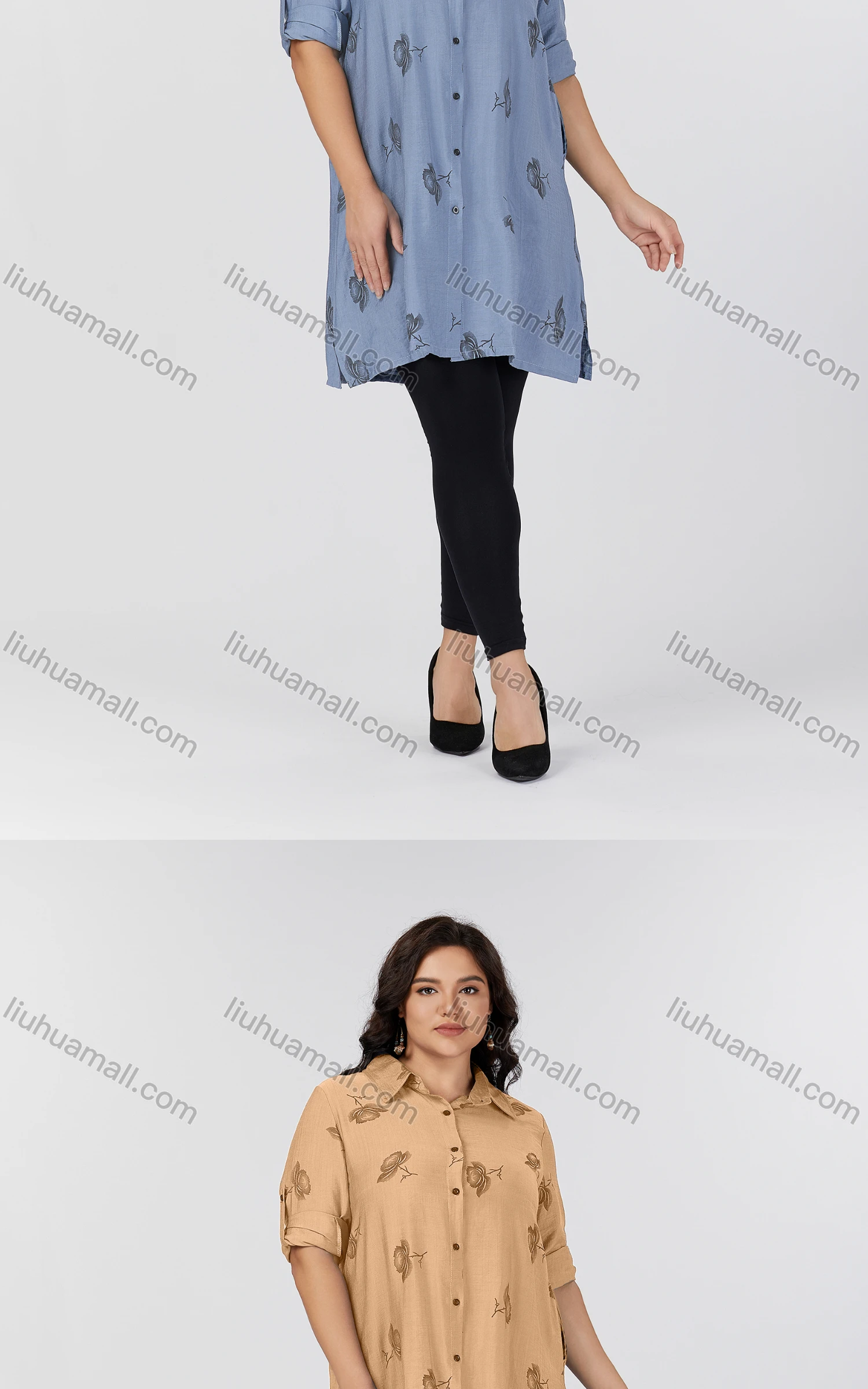 Wholesale Women's Casual Collared Pocket Long Sleeve Allover Print Tunic 8878#-3 - Liuhuamall