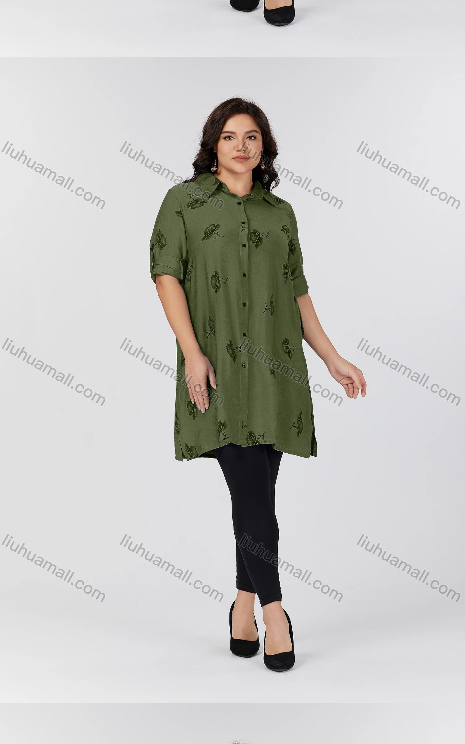 Wholesale Women's Casual Collared Pocket Long Sleeve Allover Print Tunic 8878#-3 - Liuhuamall