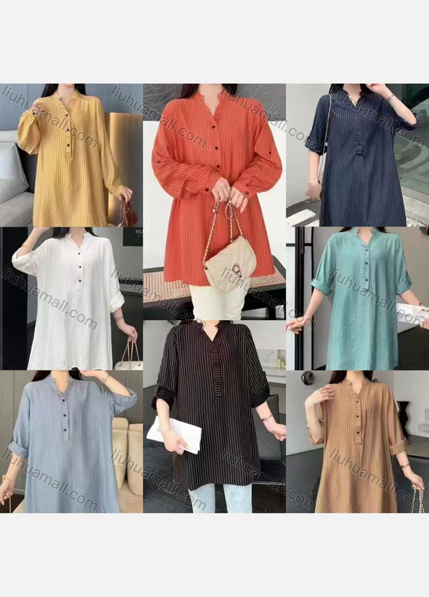 Wholesale Women's Casual Stand Collar Long Sleeve Striped Tunic 8837#-1 - Liuhuamall