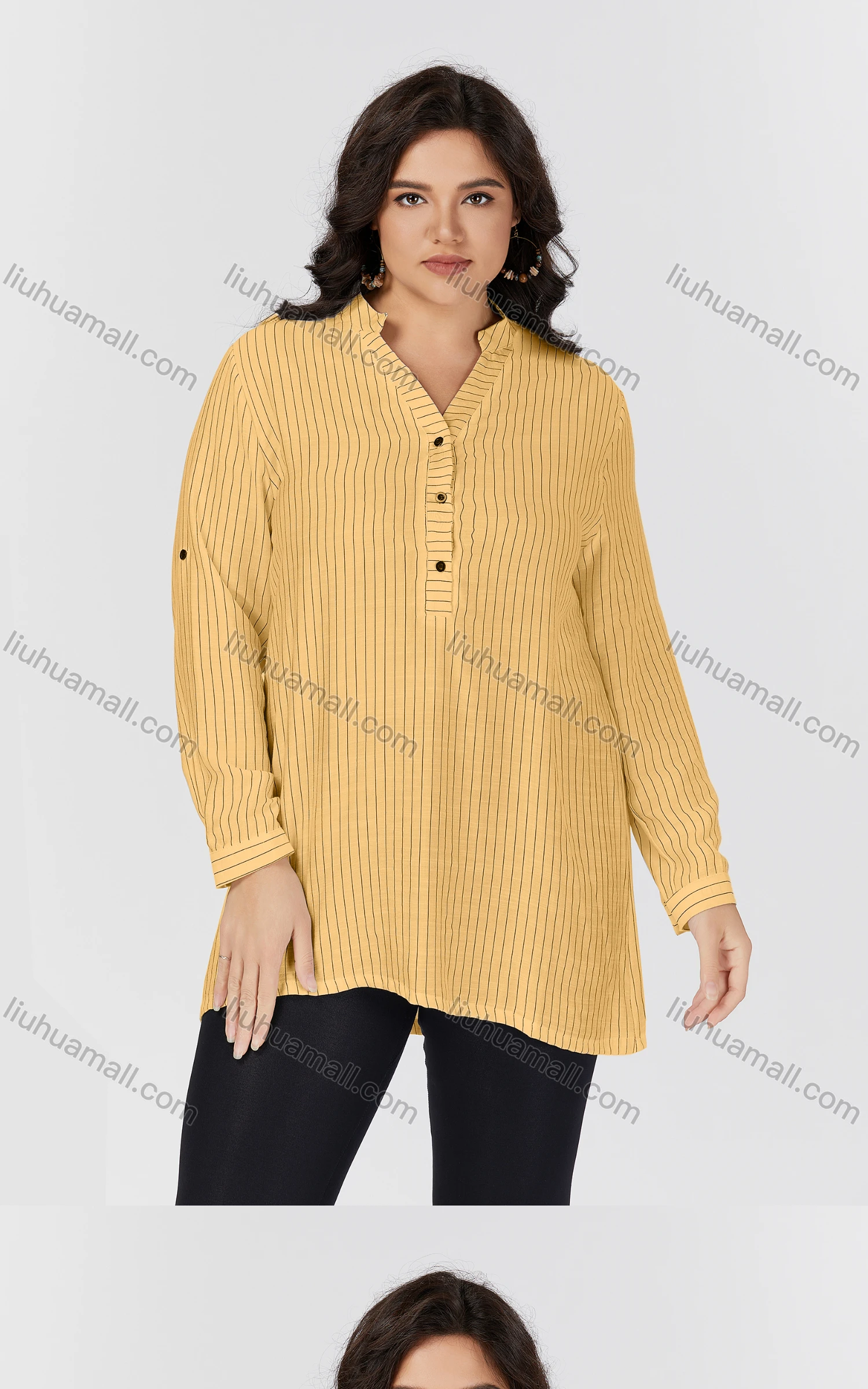 Wholesale Women's Casual Stand Collar Long Sleeve Striped Tunic 8837#-1 - Liuhuamall