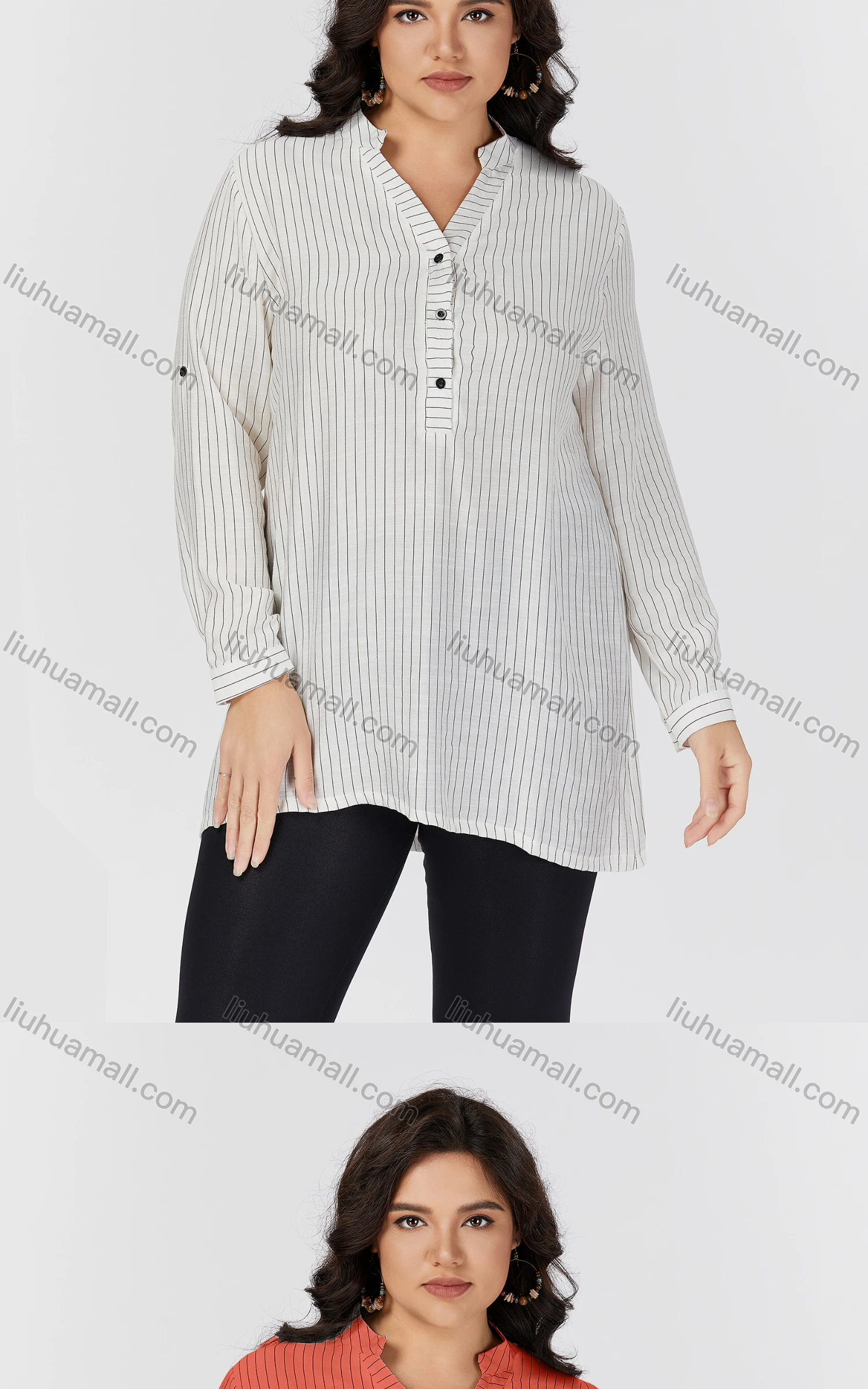 Wholesale Women's Casual Stand Collar Long Sleeve Striped Tunic 8837#-1 - Liuhuamall
