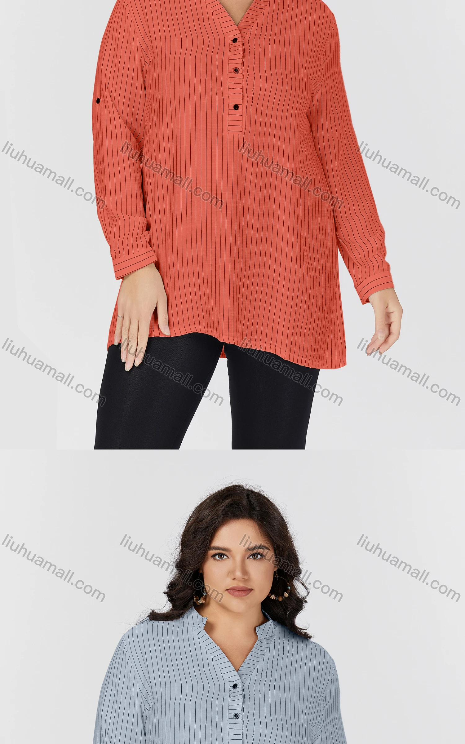 Wholesale Women's Casual Stand Collar Long Sleeve Striped Tunic 8837#-1 - Liuhuamall