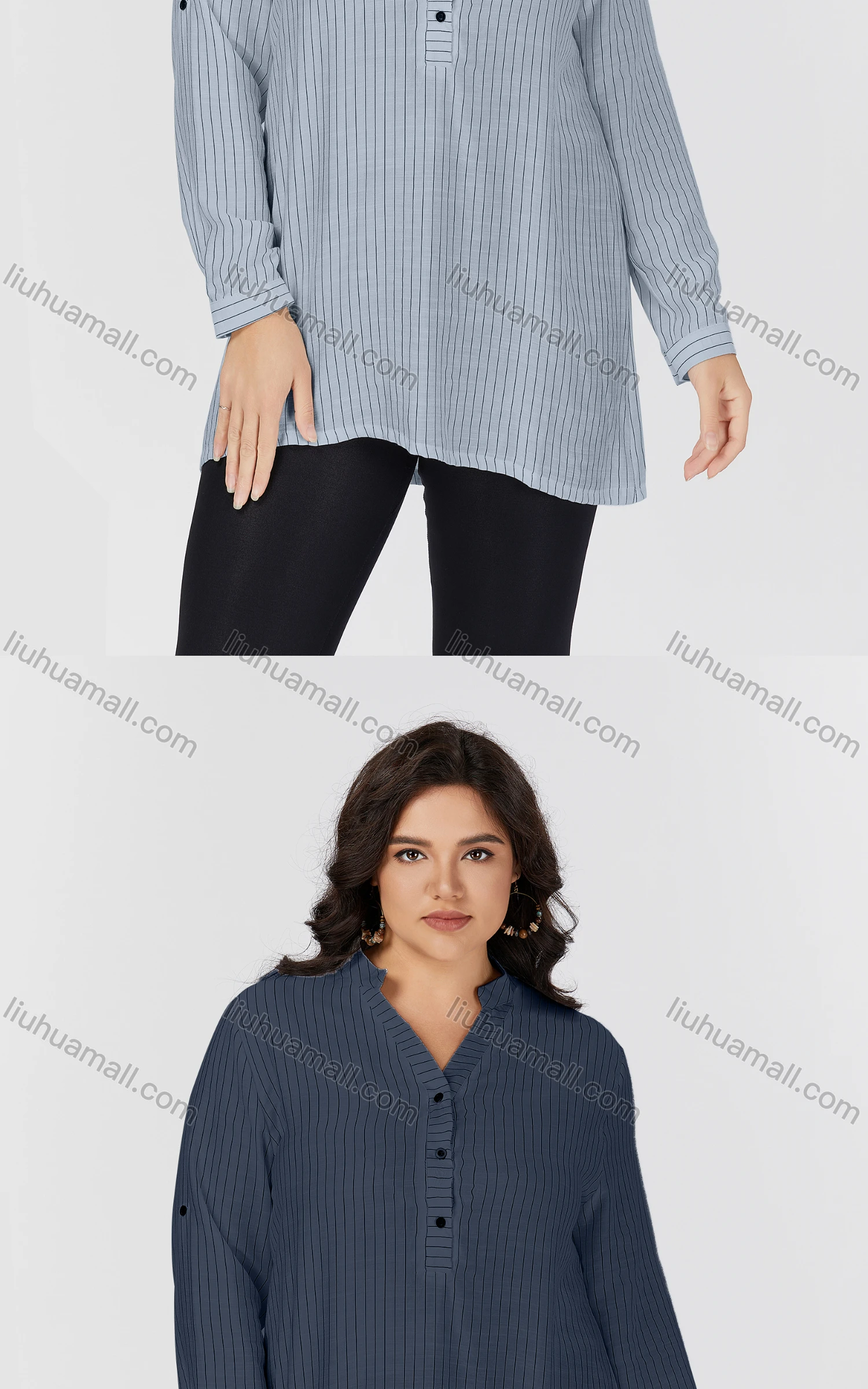 Wholesale Women's Casual Stand Collar Long Sleeve Striped Tunic 8837#-1 - Liuhuamall