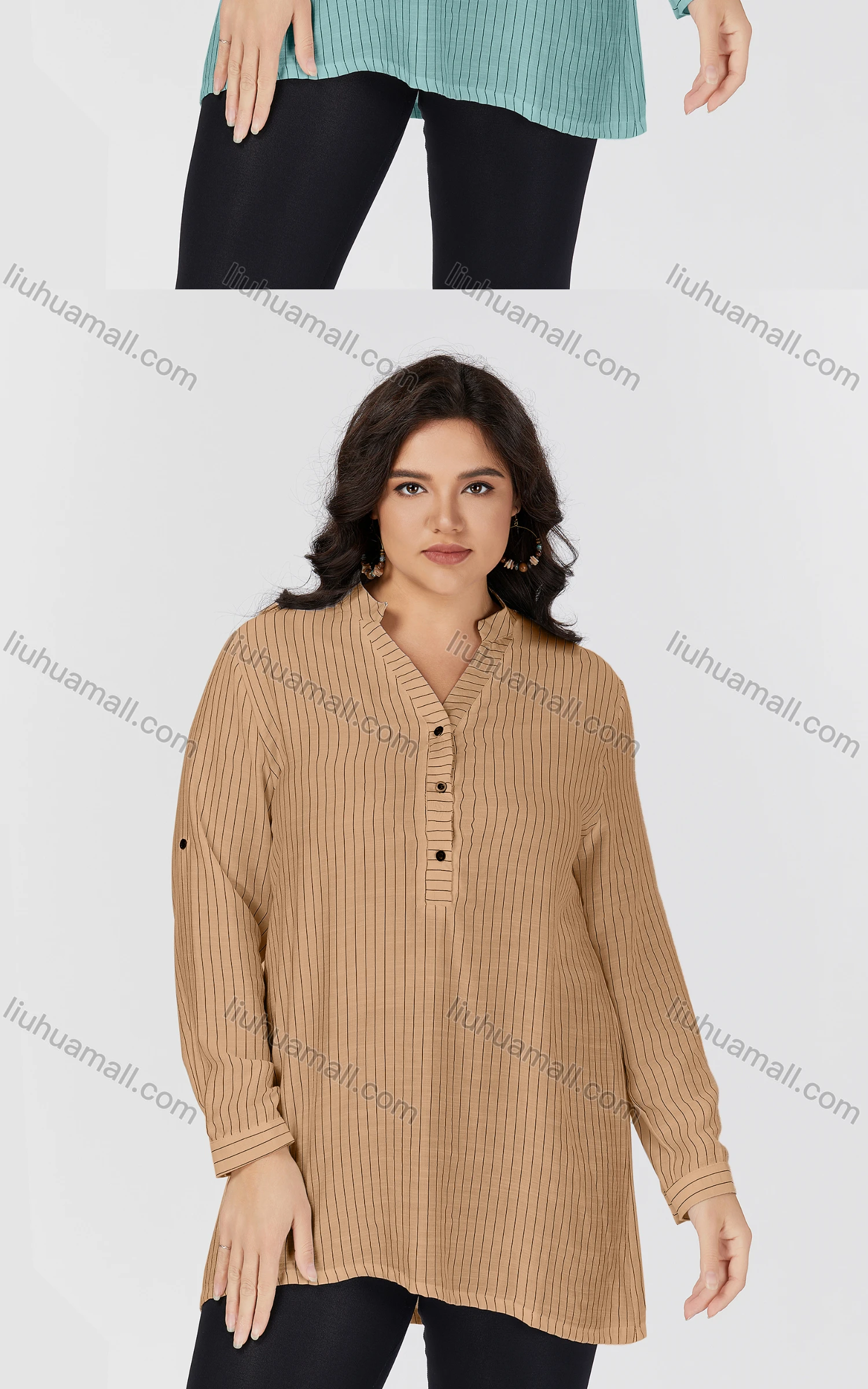 Wholesale Women's Casual Stand Collar Long Sleeve Striped Tunic 8837#-1 - Liuhuamall