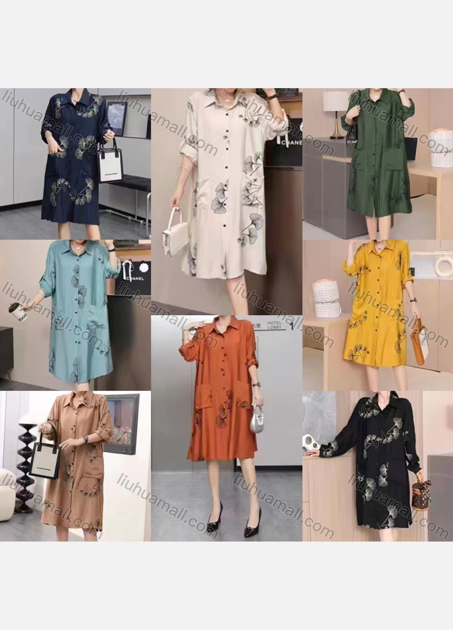 Wholesale Women's Casual Collared Pocket Long Sleeve Botanical Print Tunic 8819#-2 - Liuhuamall