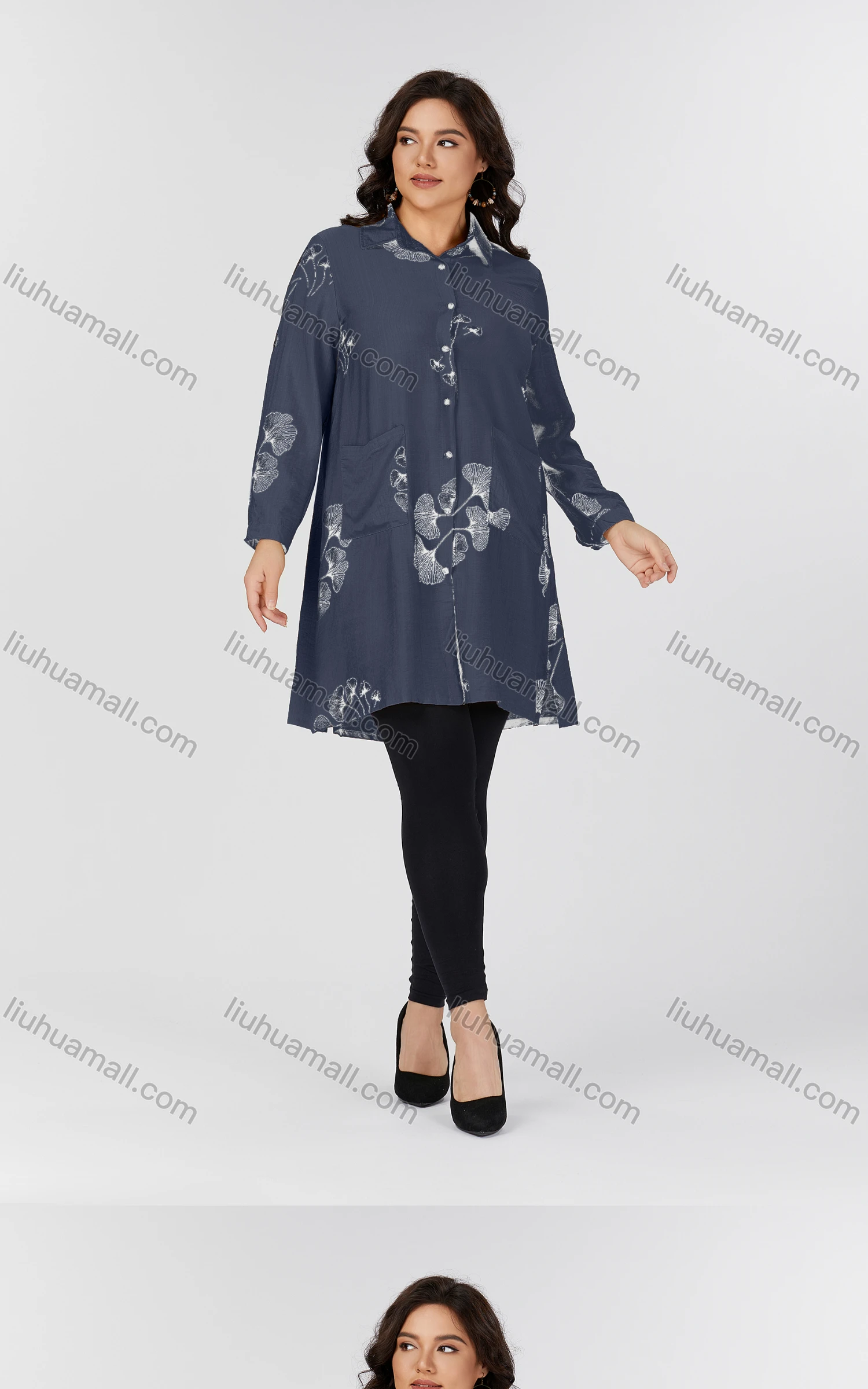 Wholesale Women's Casual Collared Pocket Long Sleeve Botanical Print Tunic 8819#-2 - Liuhuamall