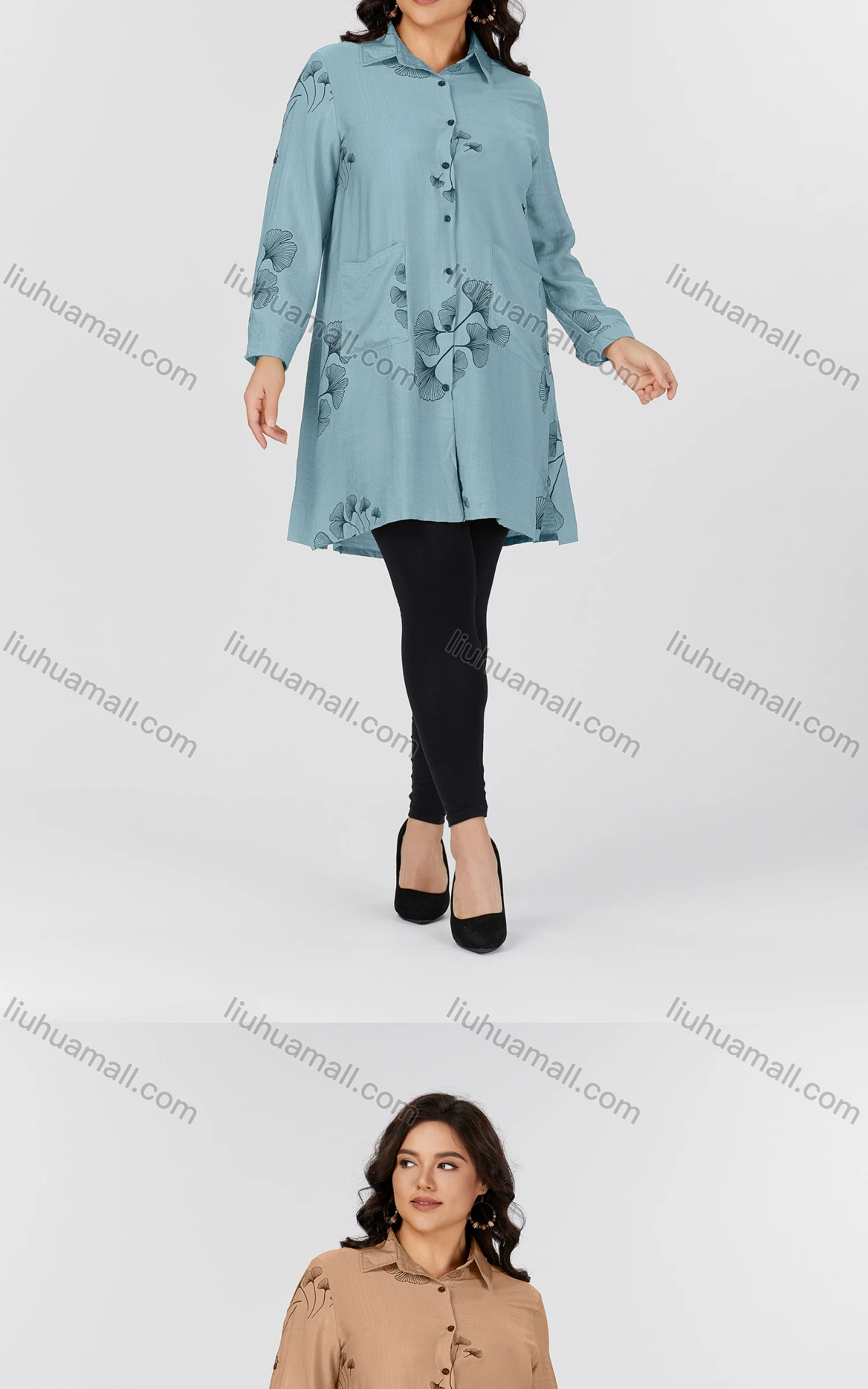 Wholesale Women's Casual Collared Pocket Long Sleeve Botanical Print Tunic 8819#-2 - Liuhuamall