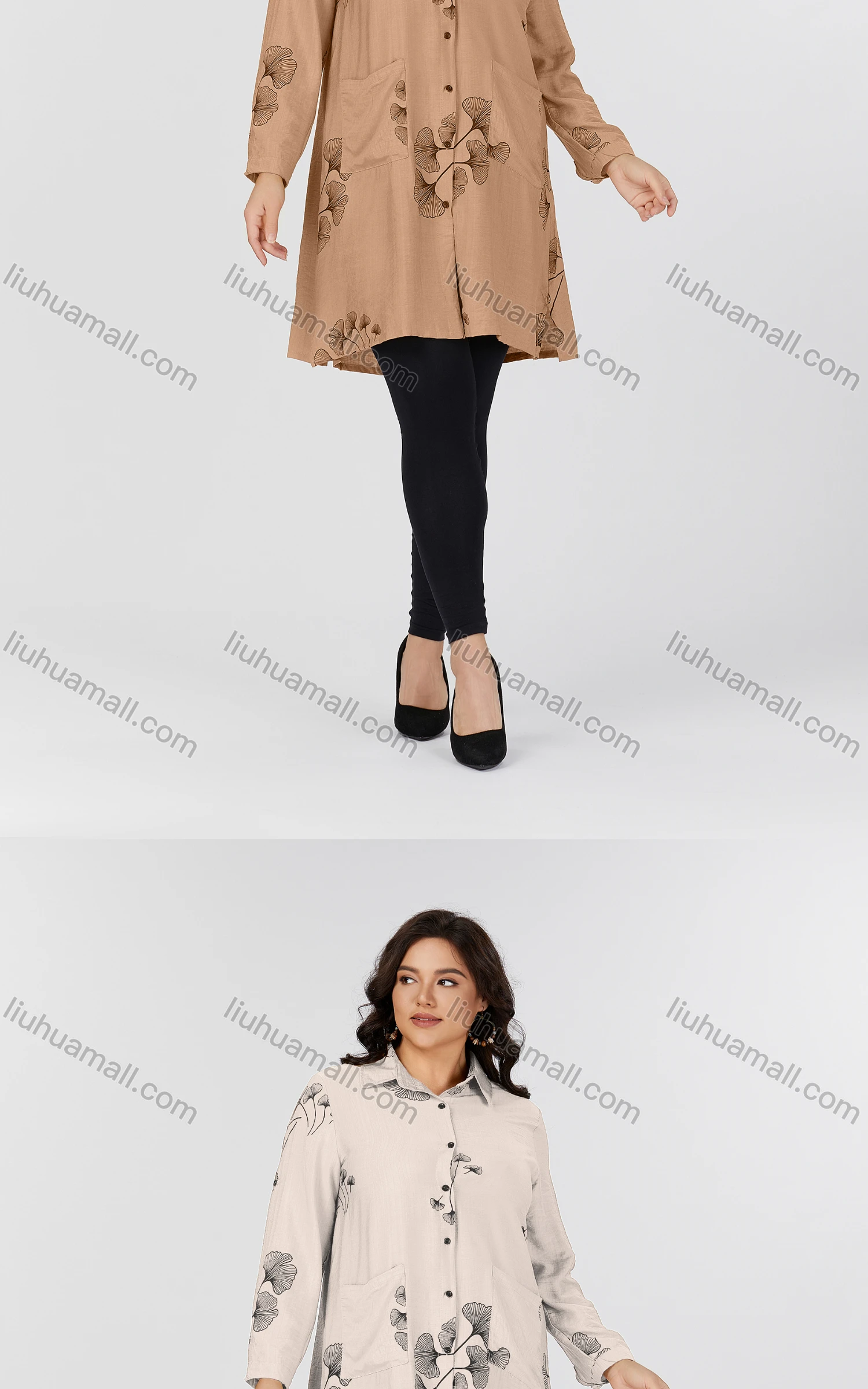 Wholesale Women's Casual Collared Pocket Long Sleeve Botanical Print Tunic 8819#-2 - Liuhuamall