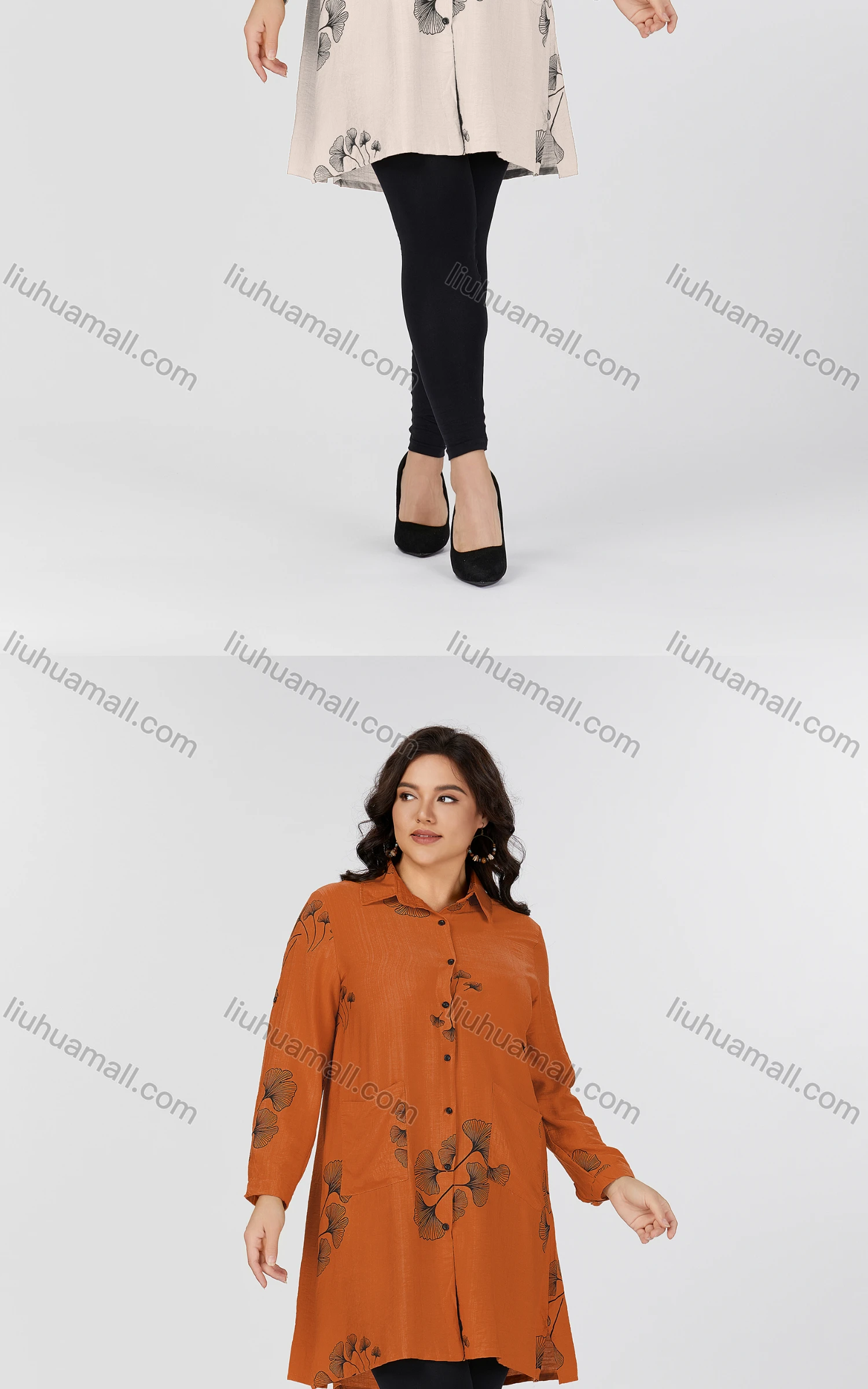 Wholesale Women's Casual Collared Pocket Long Sleeve Botanical Print Tunic 8819#-2 - Liuhuamall