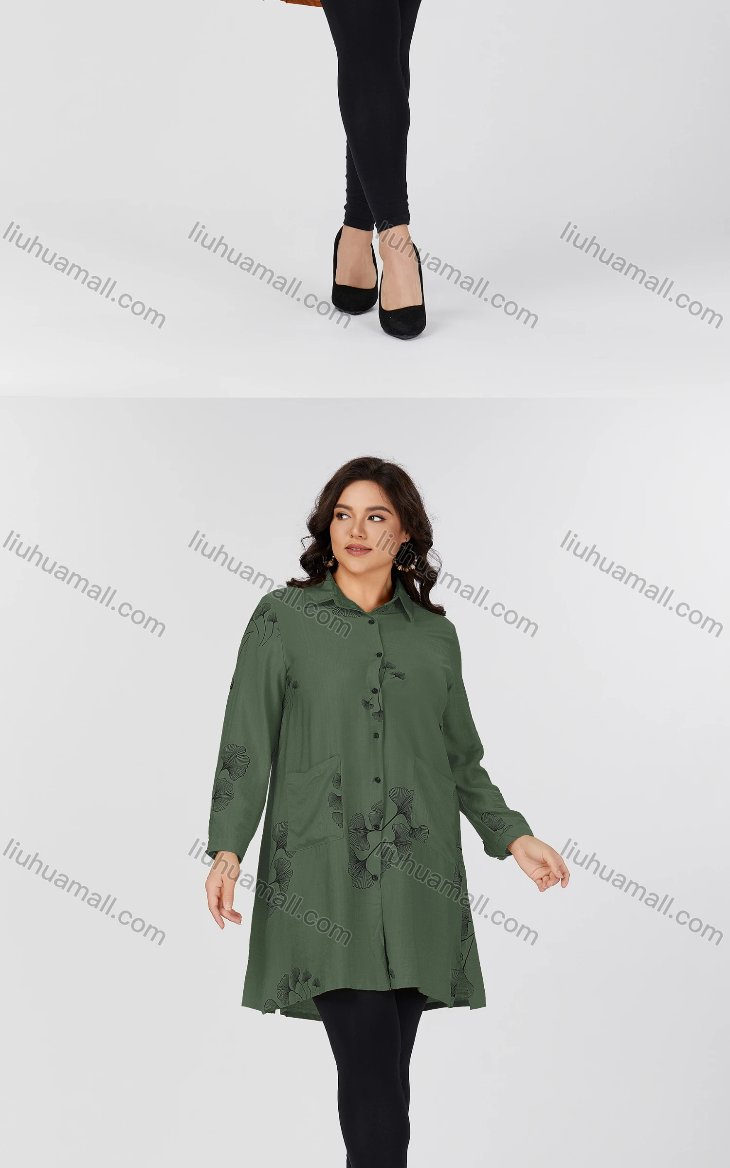 Wholesale Women's Casual Collared Pocket Long Sleeve Botanical Print Tunic 8819#-2 - Liuhuamall