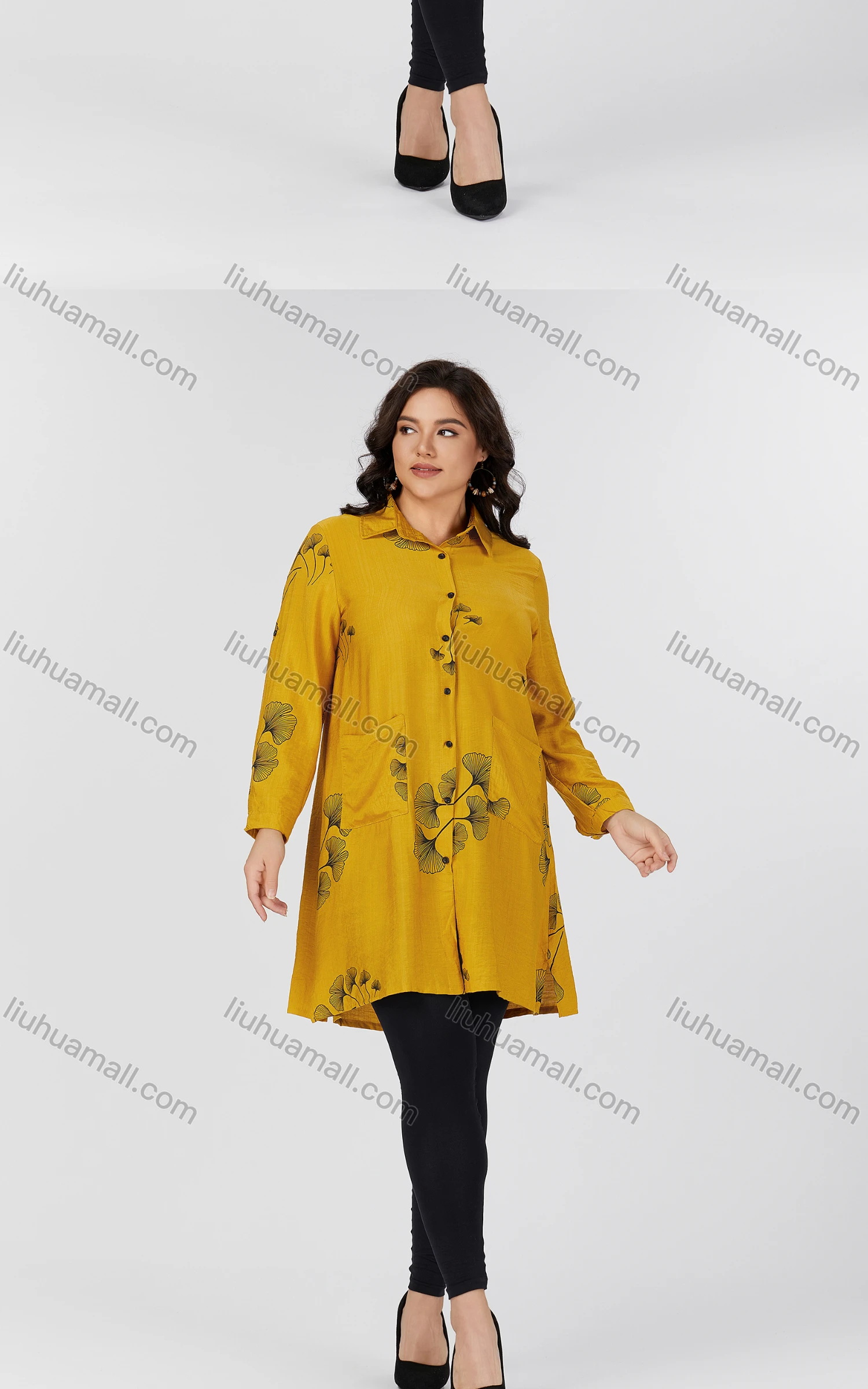 Wholesale Women's Casual Collared Pocket Long Sleeve Botanical Print Tunic 8819#-2 - Liuhuamall