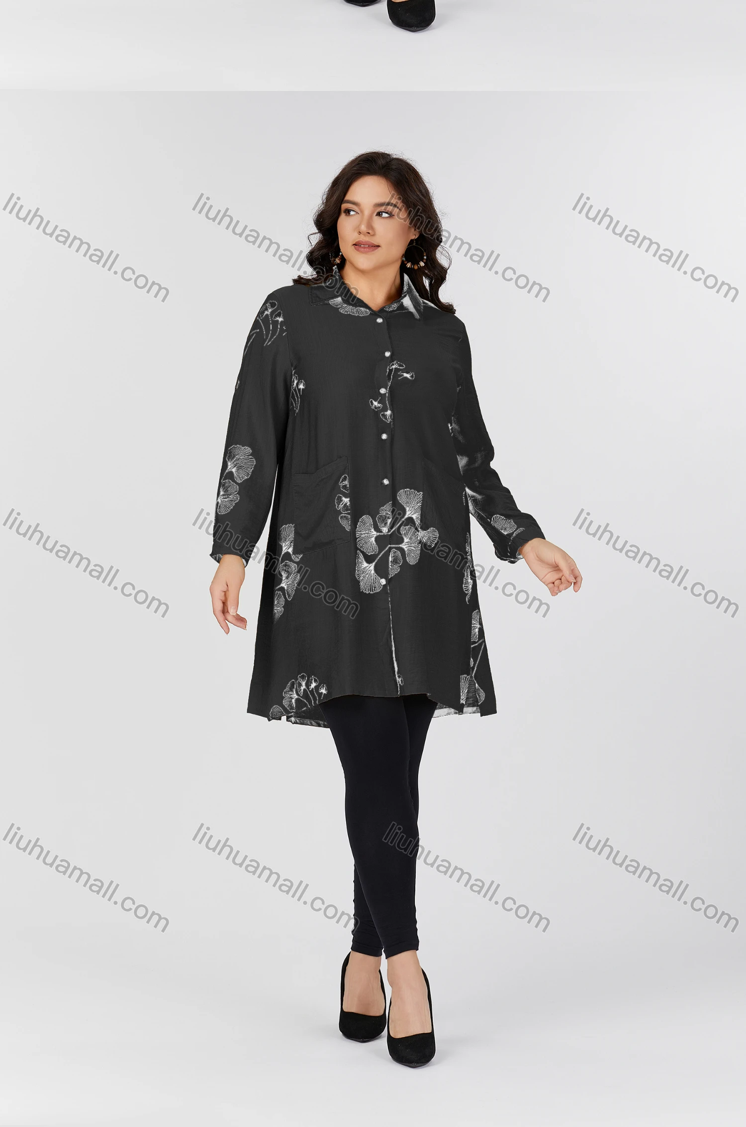 Wholesale Women's Casual Collared Pocket Long Sleeve Botanical Print Tunic 8819#-2 - Liuhuamall