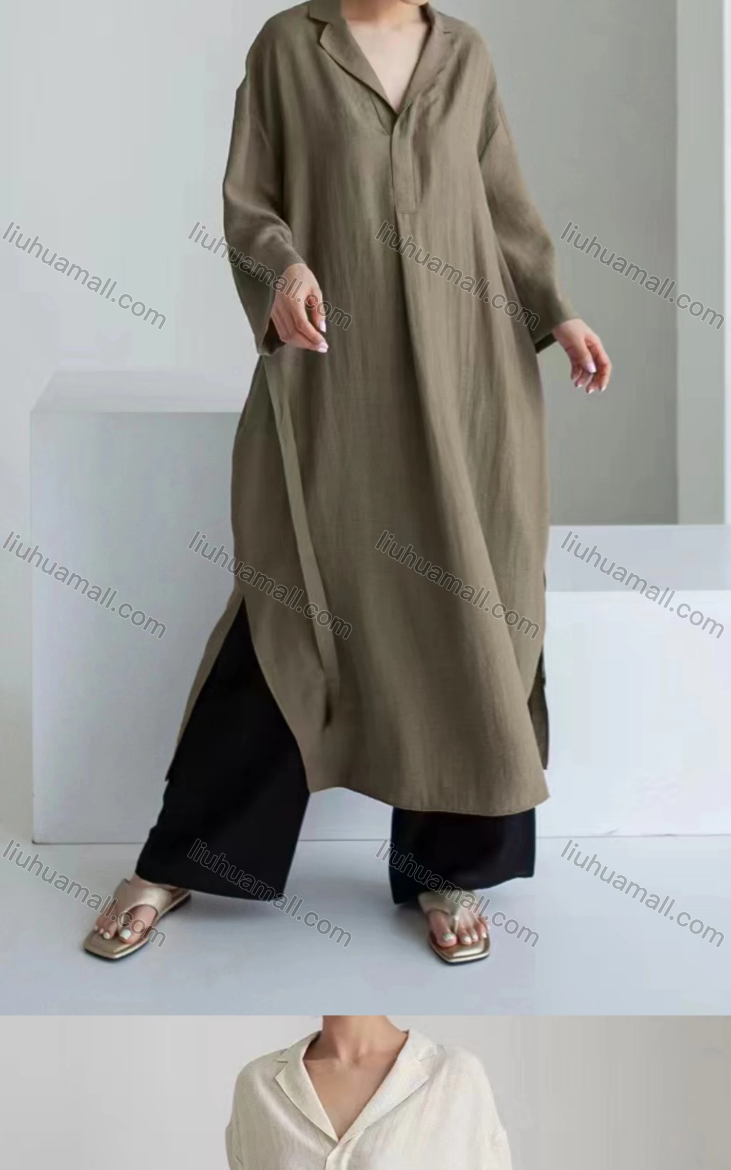 Wholesale Women's Casual Lapel Pocket Slit Side Long Sleeve Plain Shirt Dress - Liuhuamall