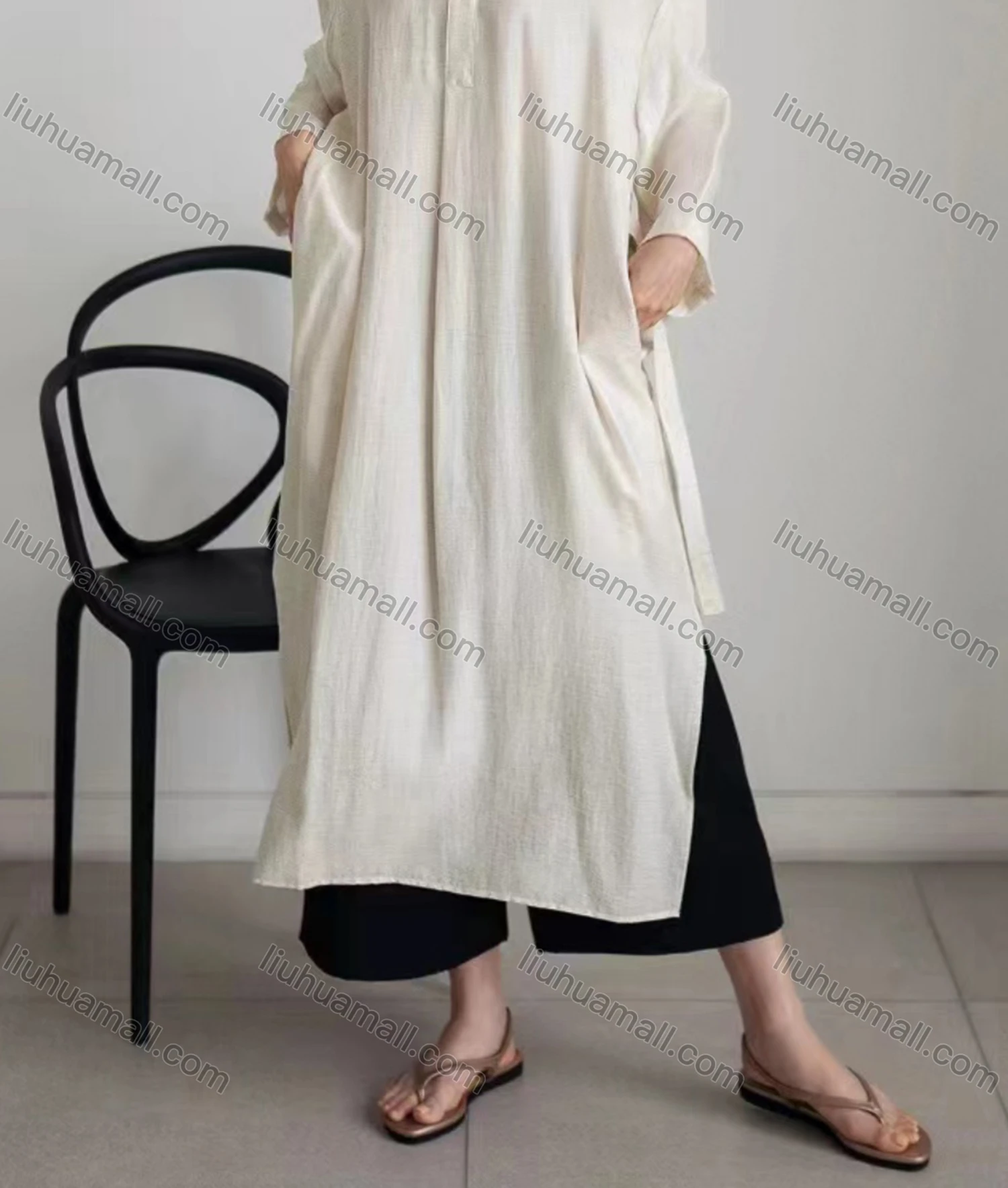 Wholesale Women's Casual Lapel Pocket Slit Side Long Sleeve Plain Shirt Dress - Liuhuamall