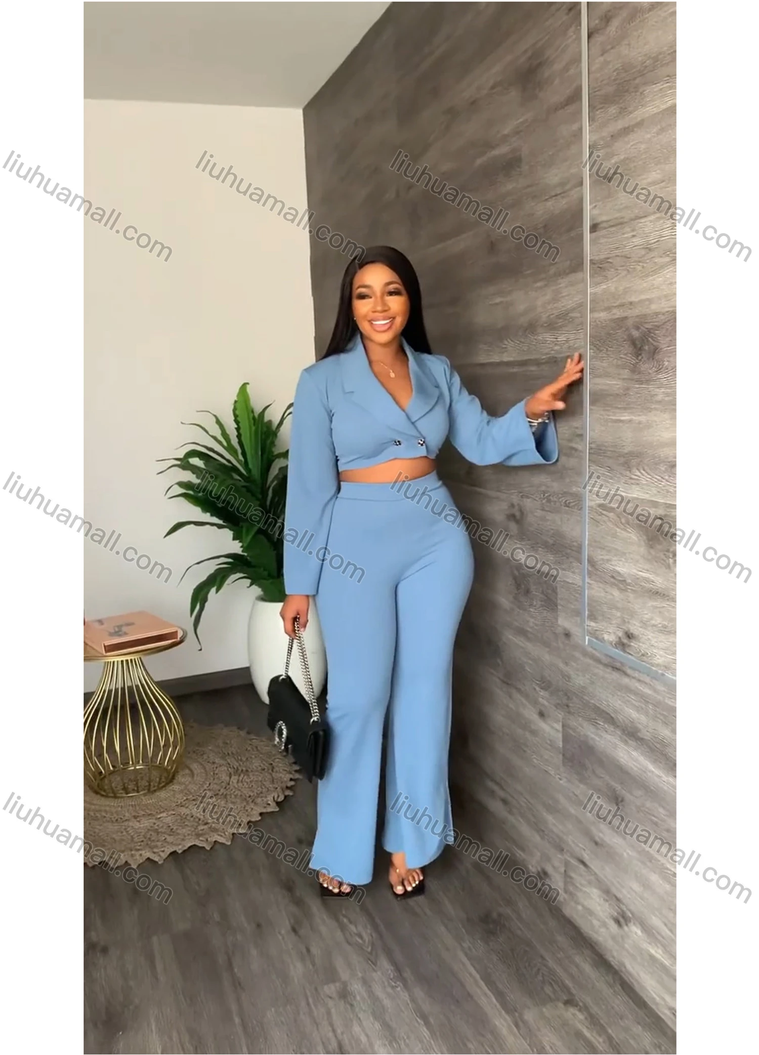 Wholesale Women's Lapel Business Button Front Long Sleeve Crop Suit Jacket & Split Side Pants 2 Piece Set - Liuhuamall