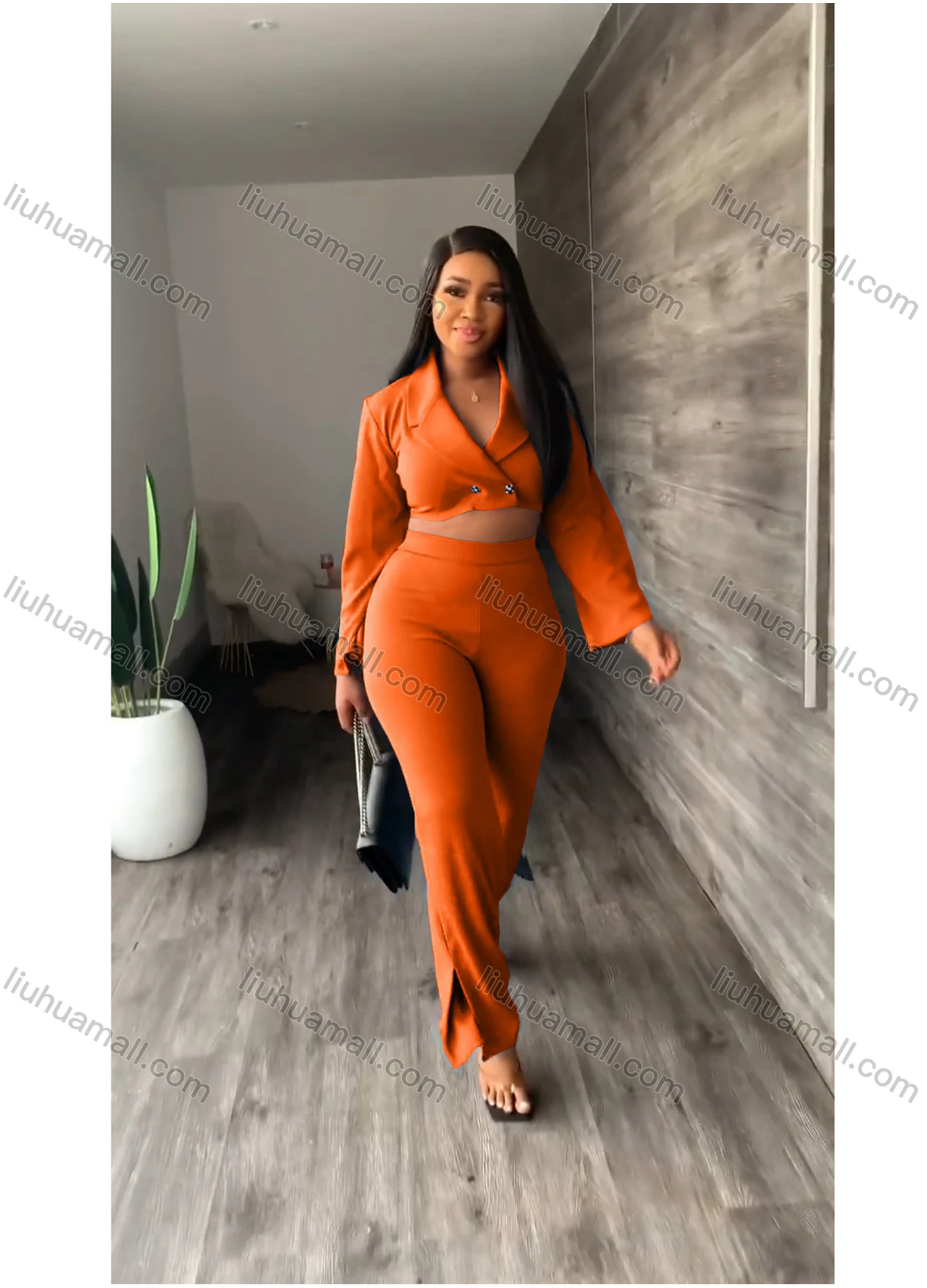 Wholesale Women's Lapel Business Button Front Long Sleeve Crop Suit Jacket & Split Side Pants 2 Piece Set - Liuhuamall