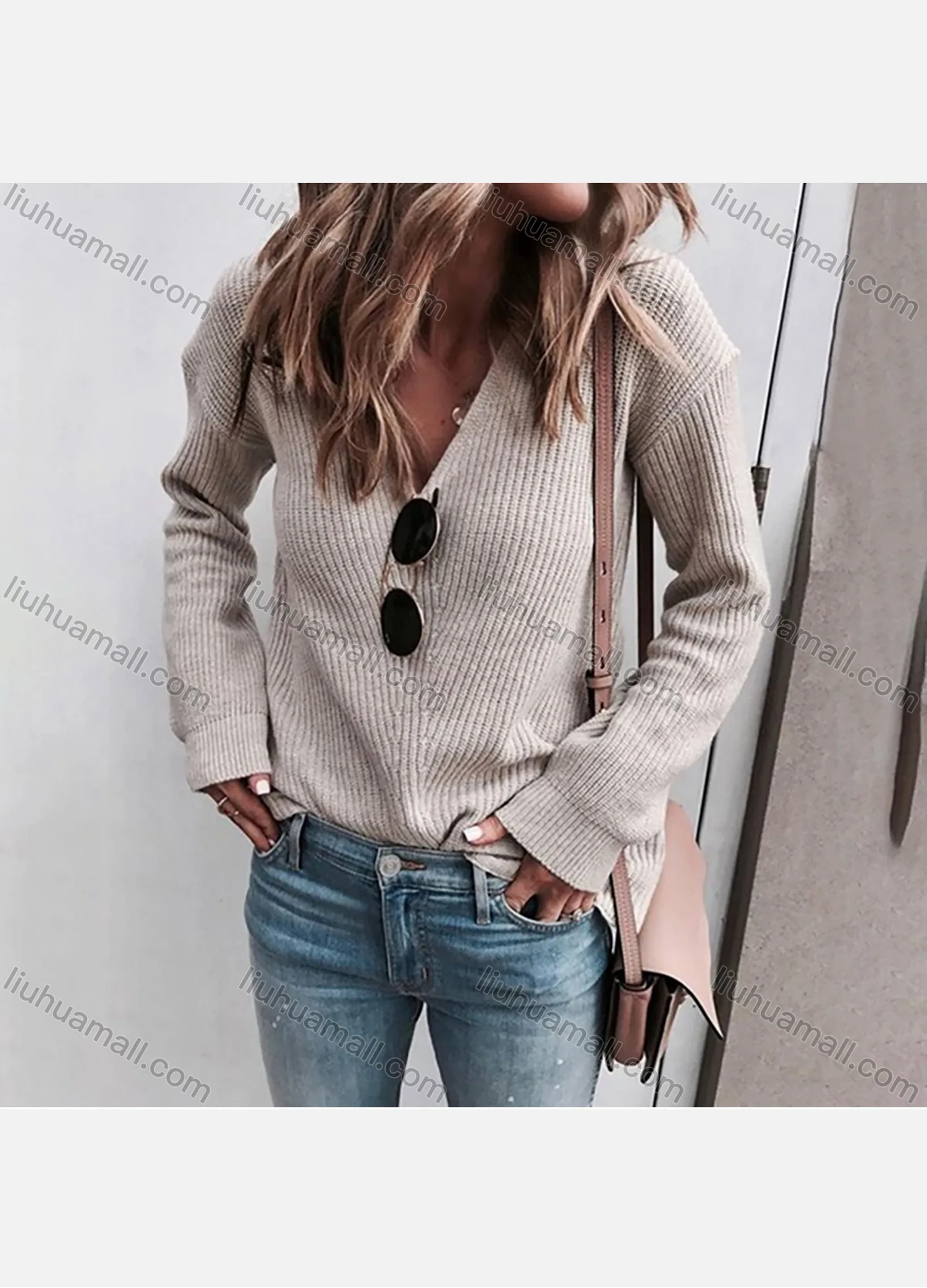 Wholesale Women's Casual Plain V Neck Long Sleeve Ribbed Knit Sweater - Liuhuamall