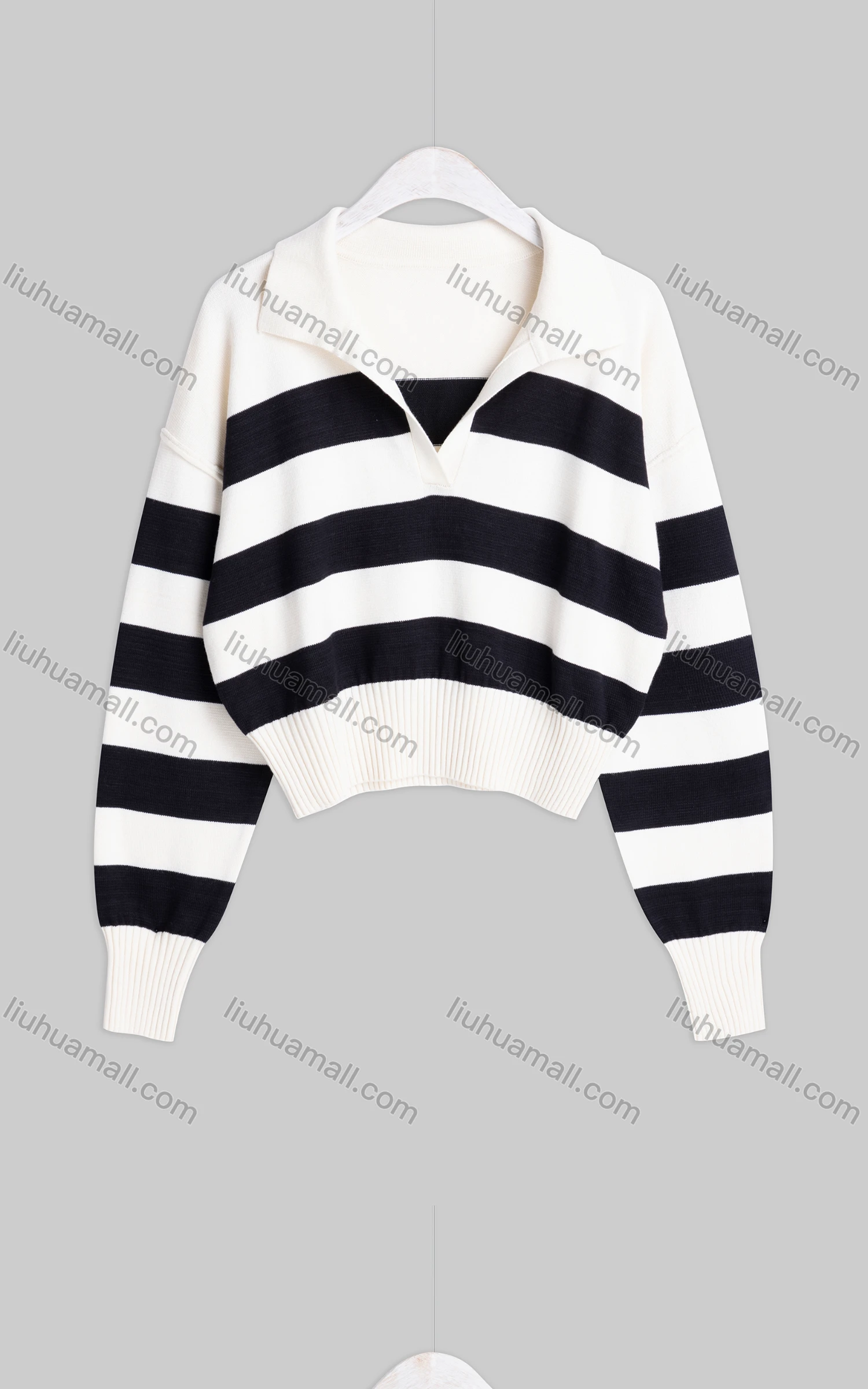 Wholesale Women's Casual Lapel Drop Shoulder Long Sleeve Striped Knit Sweater SMS7417# - Liuhuamall