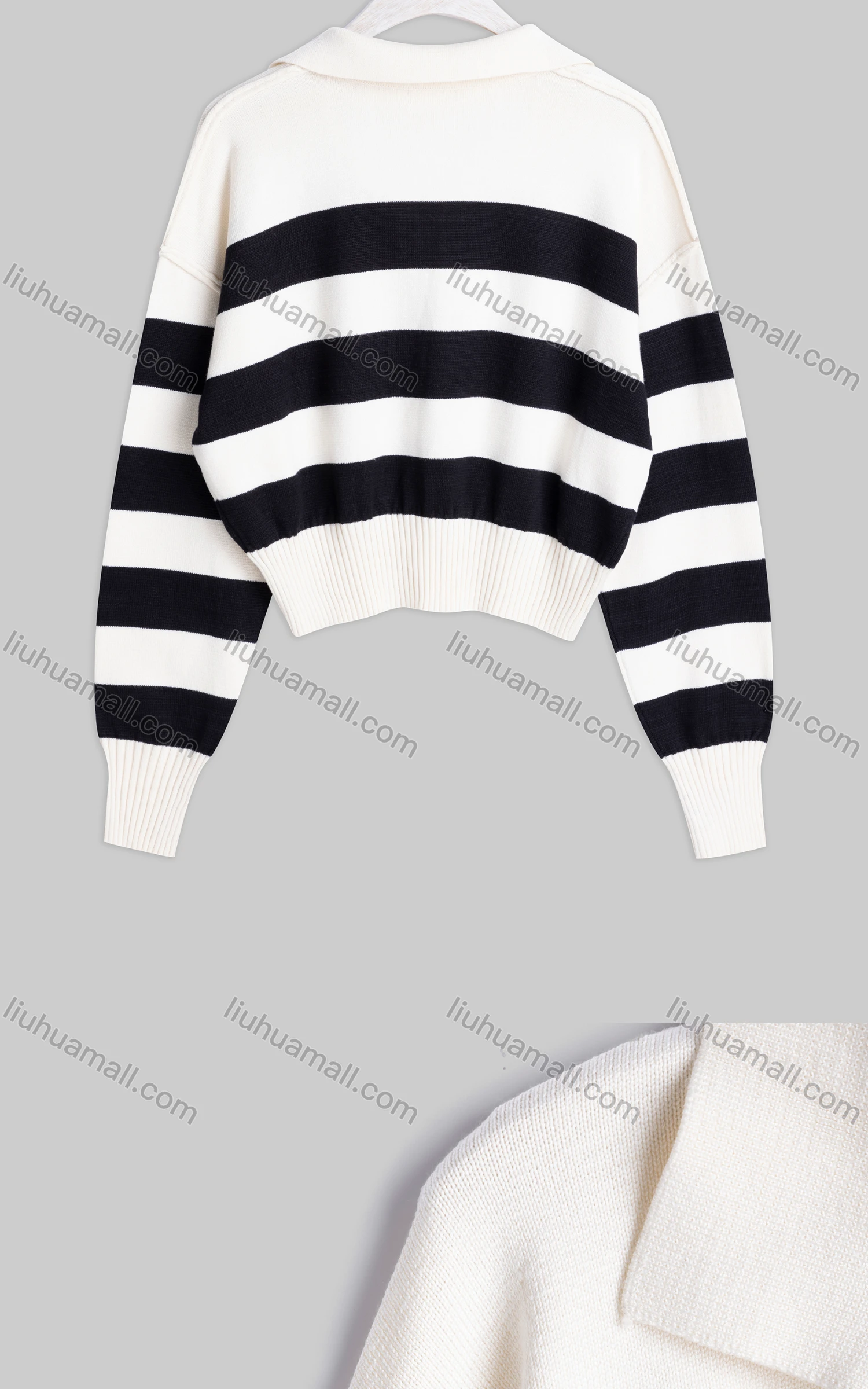 Wholesale Women's Casual Lapel Drop Shoulder Long Sleeve Striped Knit Sweater SMS7417# - Liuhuamall