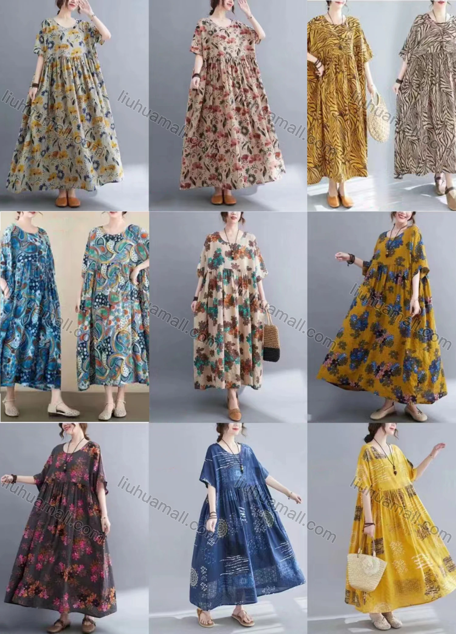 Wholesale Women's Casual Scoop Neck Short Sleeve Shirred Allover Print Maxi Dress - Liuhuamall