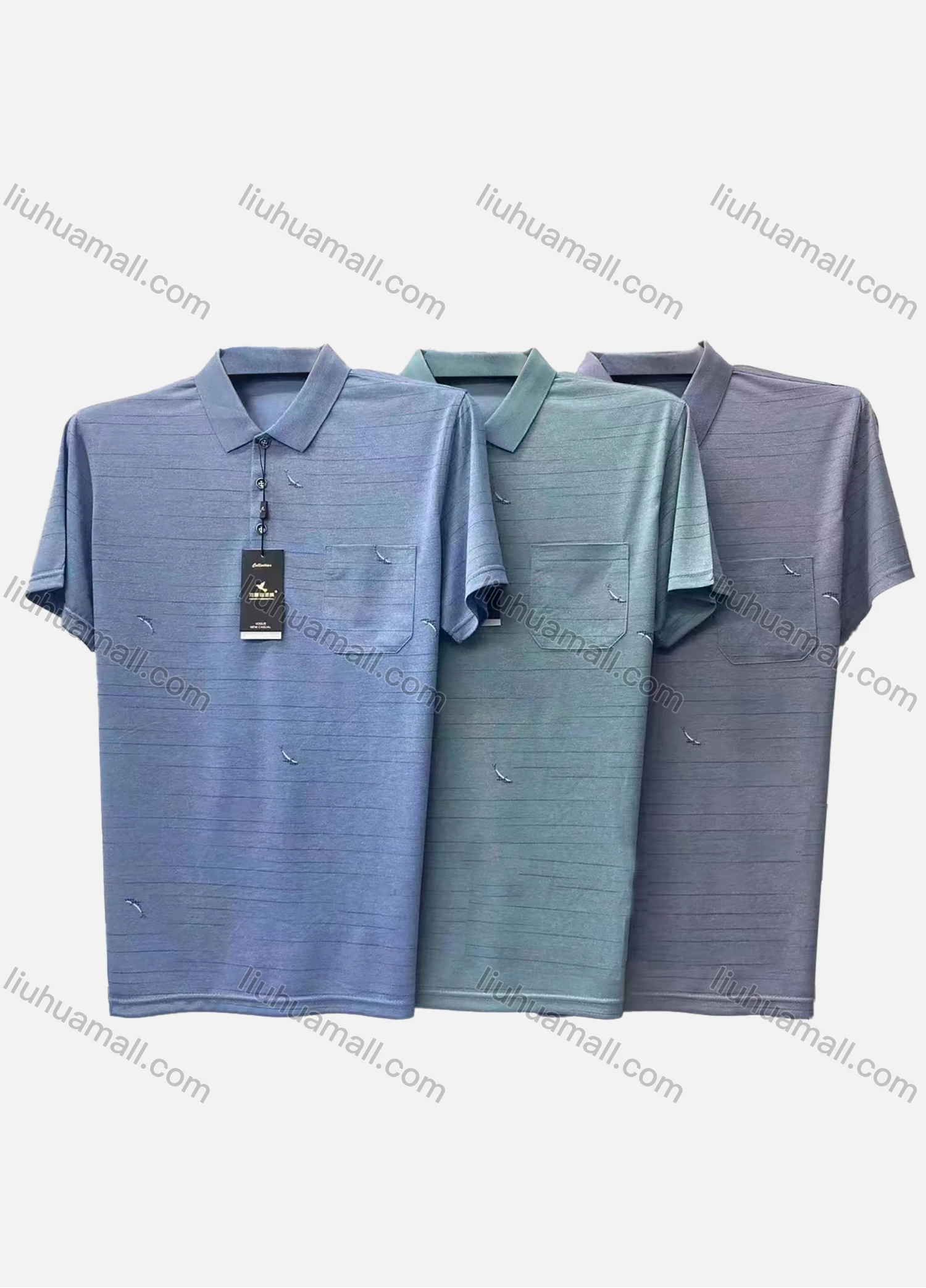 Wholesale Men's Casual Plain Striped Print Short Sleeve Patch Pocket Polo Shirt 166# - Liuhuamall