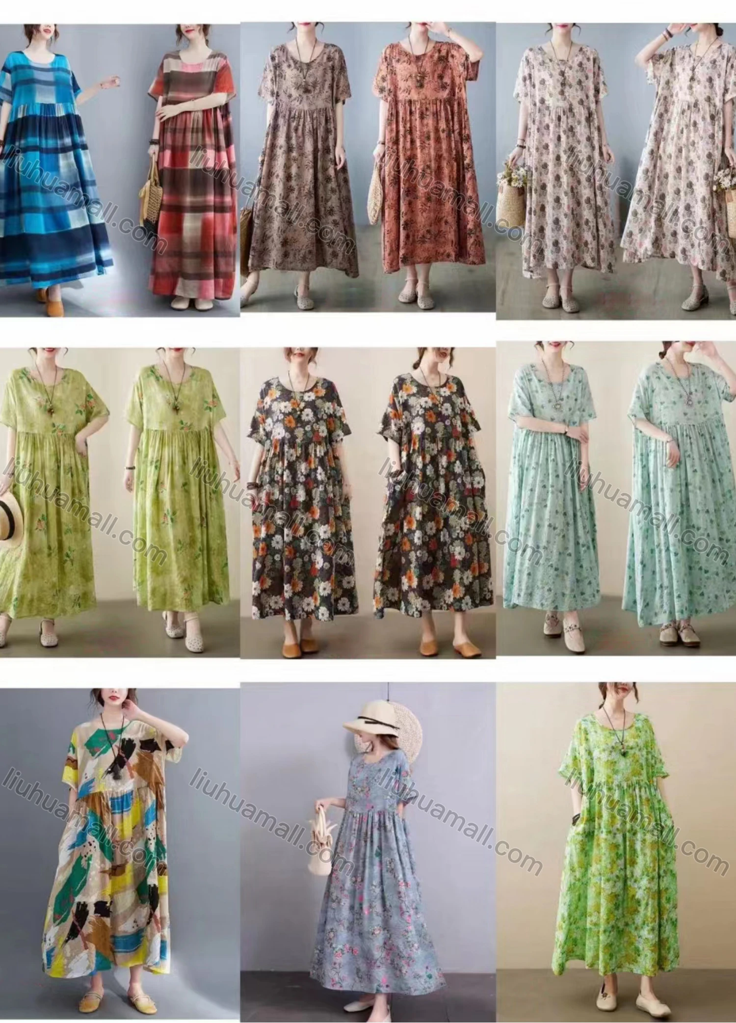 Wholesale Women's Casual Scoop Neck Short Sleeve Shirred Allover Print Maxi Dress - Liuhuamall