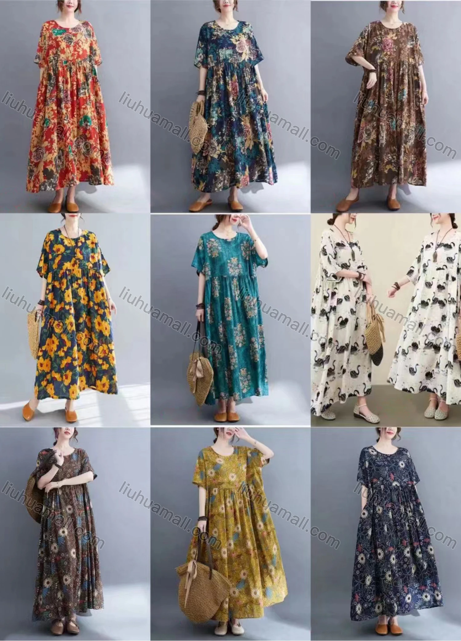 Wholesale Women's Casual Scoop Neck Short Sleeve Shirred Allover Print Maxi Dress - Liuhuamall