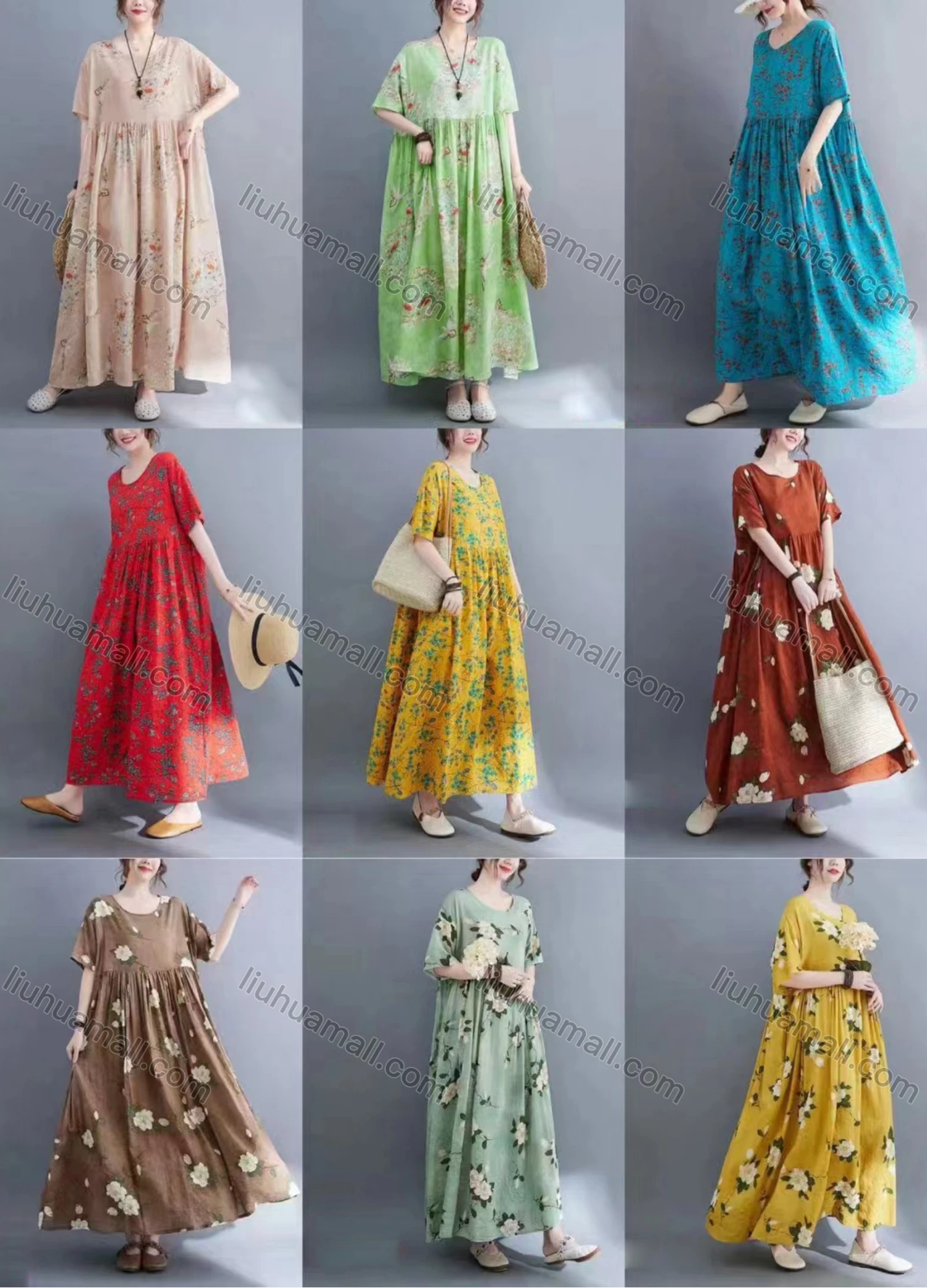 Wholesale Women's Casual Scoop Neck Short Sleeve Shirred Allover Print Maxi Dress - Liuhuamall