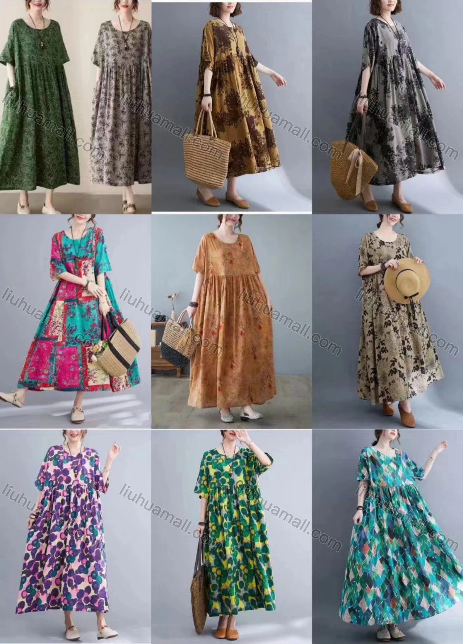 Wholesale Women's Casual Scoop Neck Short Sleeve Shirred Allover Print Maxi Dress - Liuhuamall